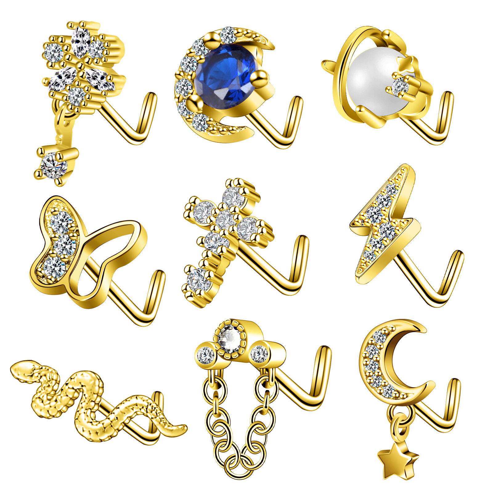 9 Pcs 20G CZ Opal Nose Rings Studs L Shape Stainless Steel Body Piercing Gold