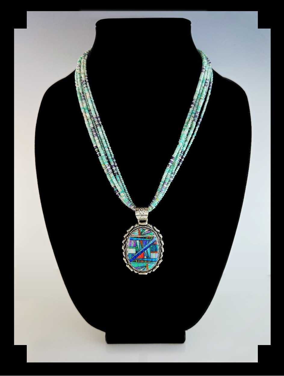 White Fox Creation: Dazzling Opalite Inlay Pendant on Gemstone Necklace