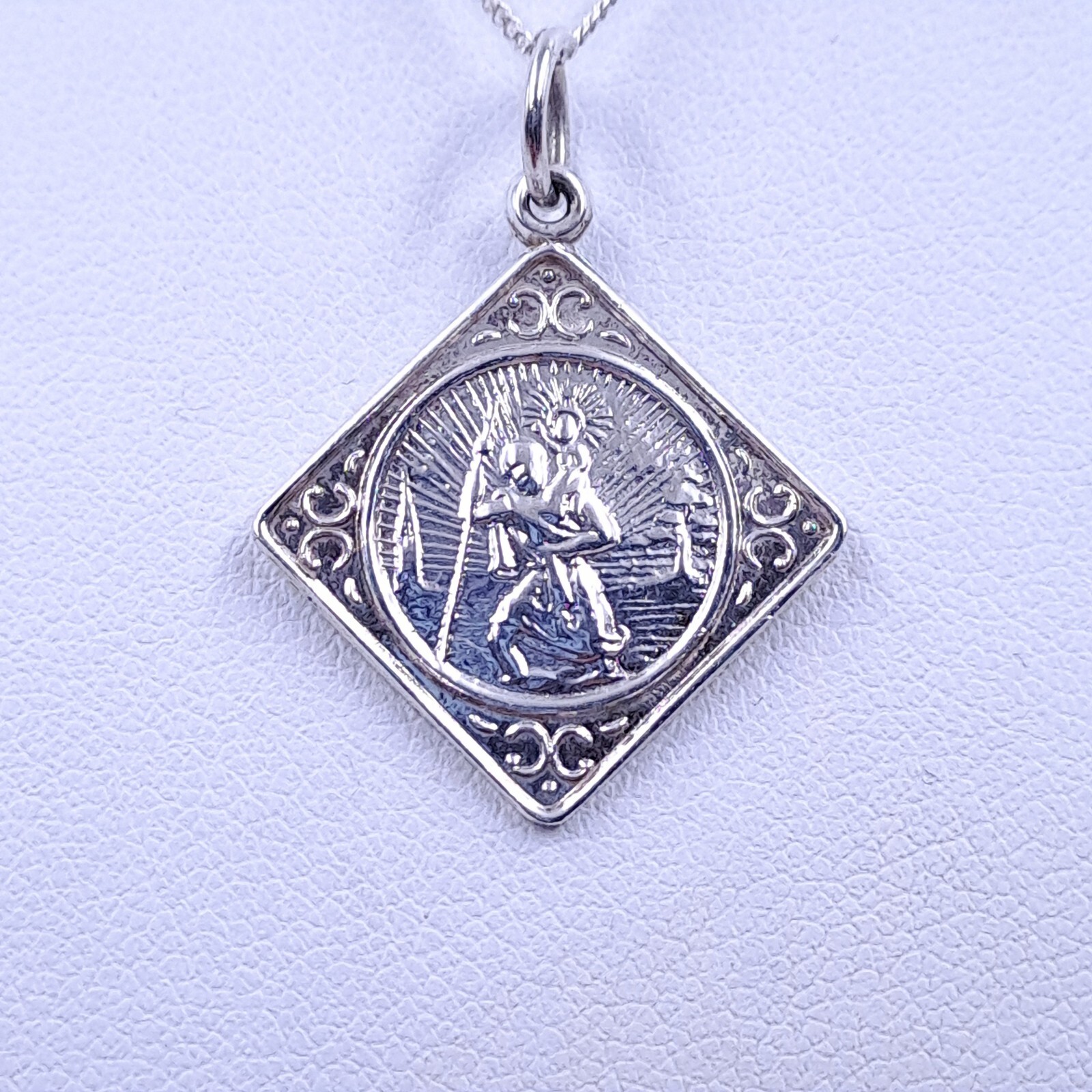 Necklace 925 Sterling Silver St Christopher Pendant Offset Square 40cm 16 inches