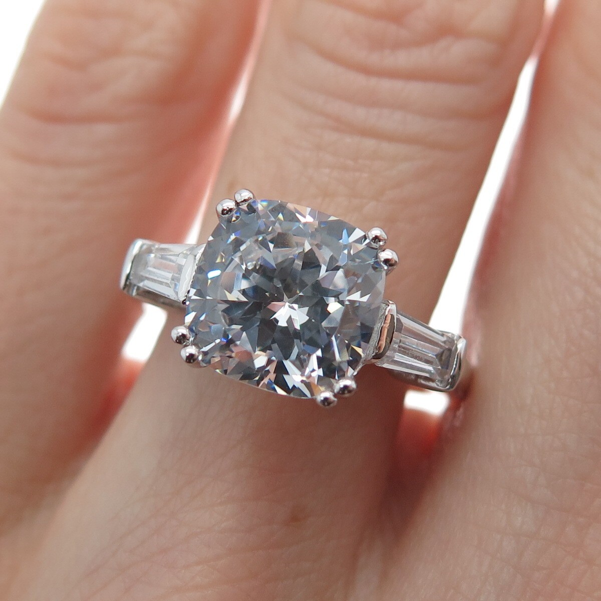 DSMK 925 Sterling Cushion & Tapered Baguette-Cut C Z Engagement Ring Size 6.25