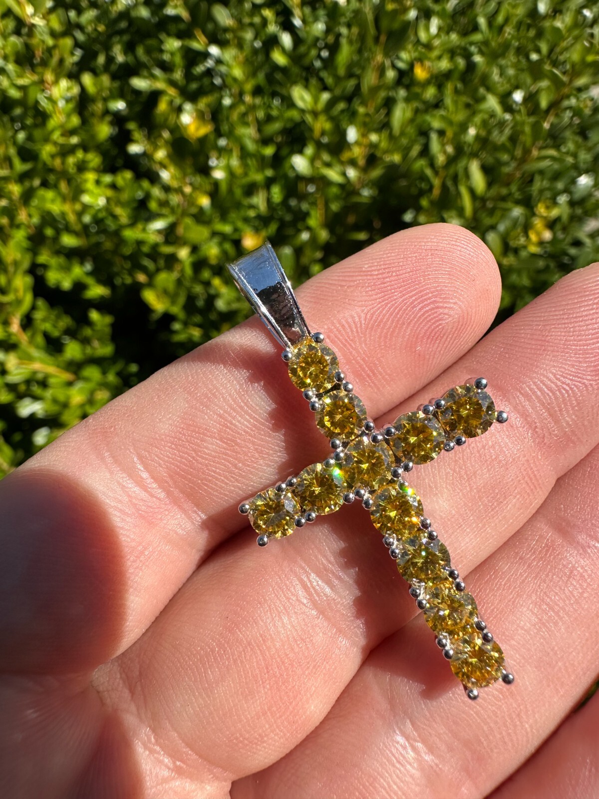 Yellow Canary MOISSANITE Real 925 Silver Cross Iced Pendant Necklace Hip Hop