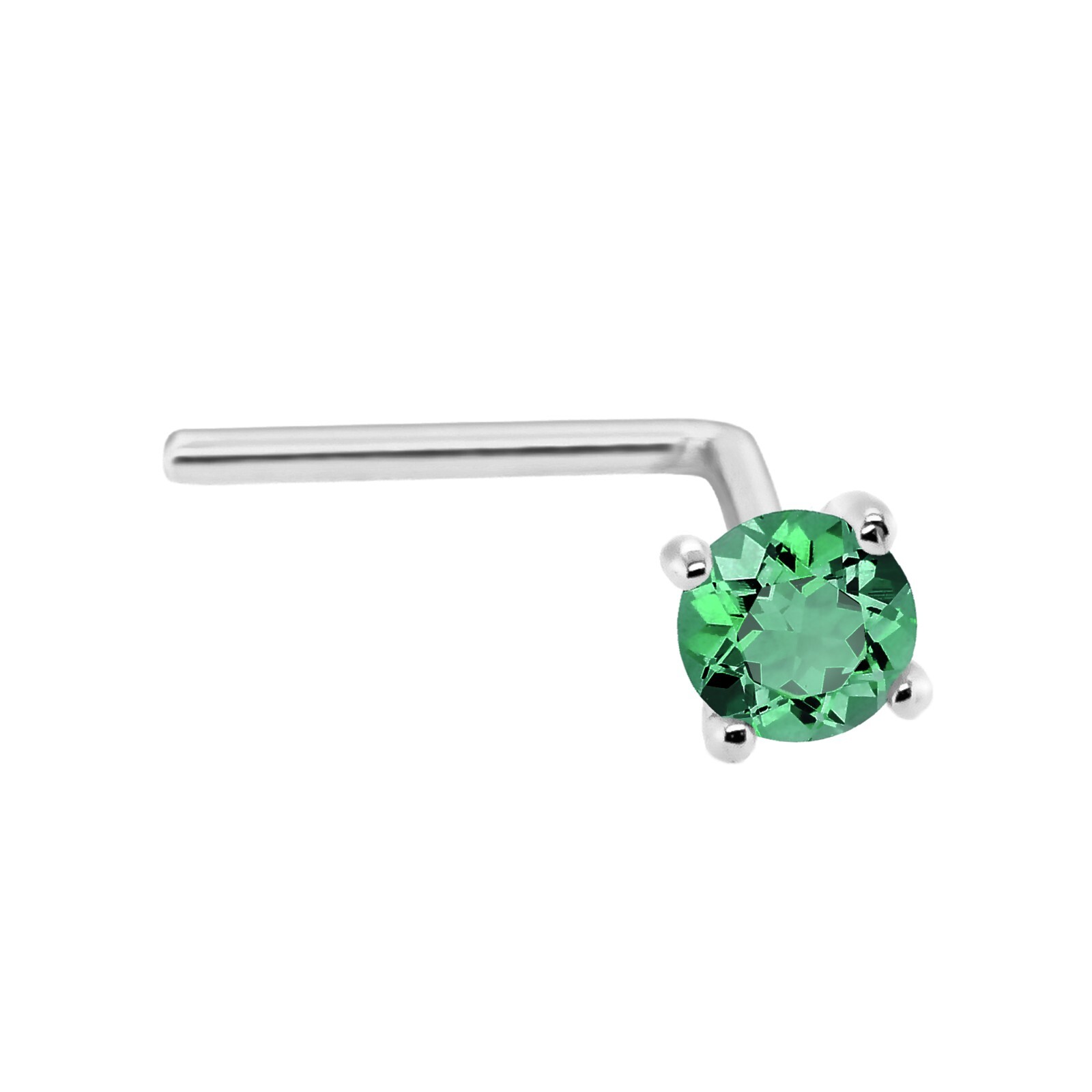 Solid 14kt Gold 22G L-Shape Nose Stud Emerald Gemstone L-Bend Nose Ring Stud