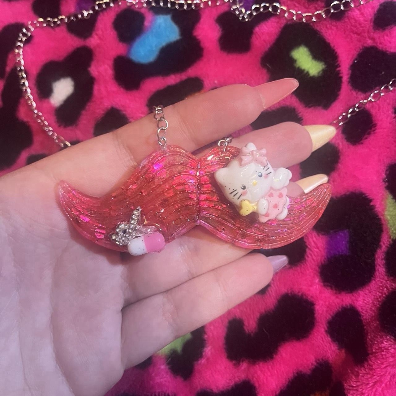 Pink glitter mustache charm pendant necklace handmade