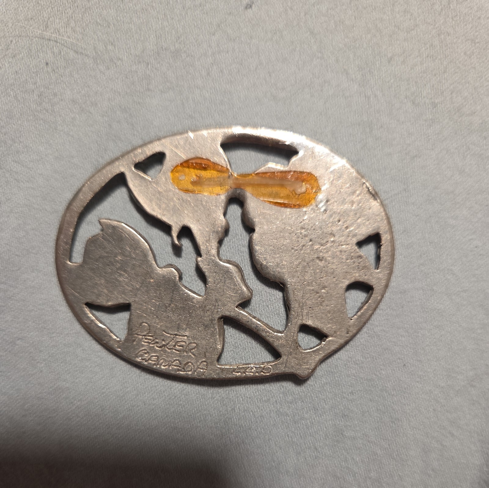 Vintage Pewter Canada 2″ Floral Rose Brooch Signed Pewter Canada Needs Pin!
