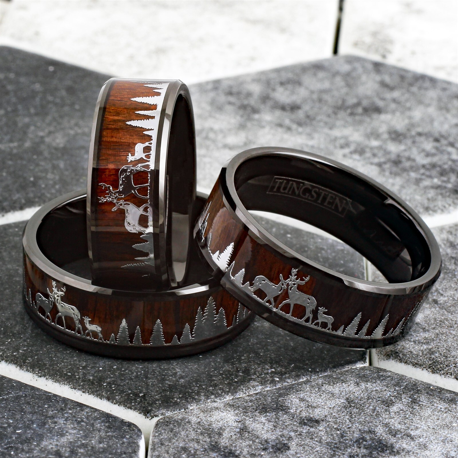 Black Tungsten Men’s Ring Deer Family Forest Scenery Wood Wedding Band