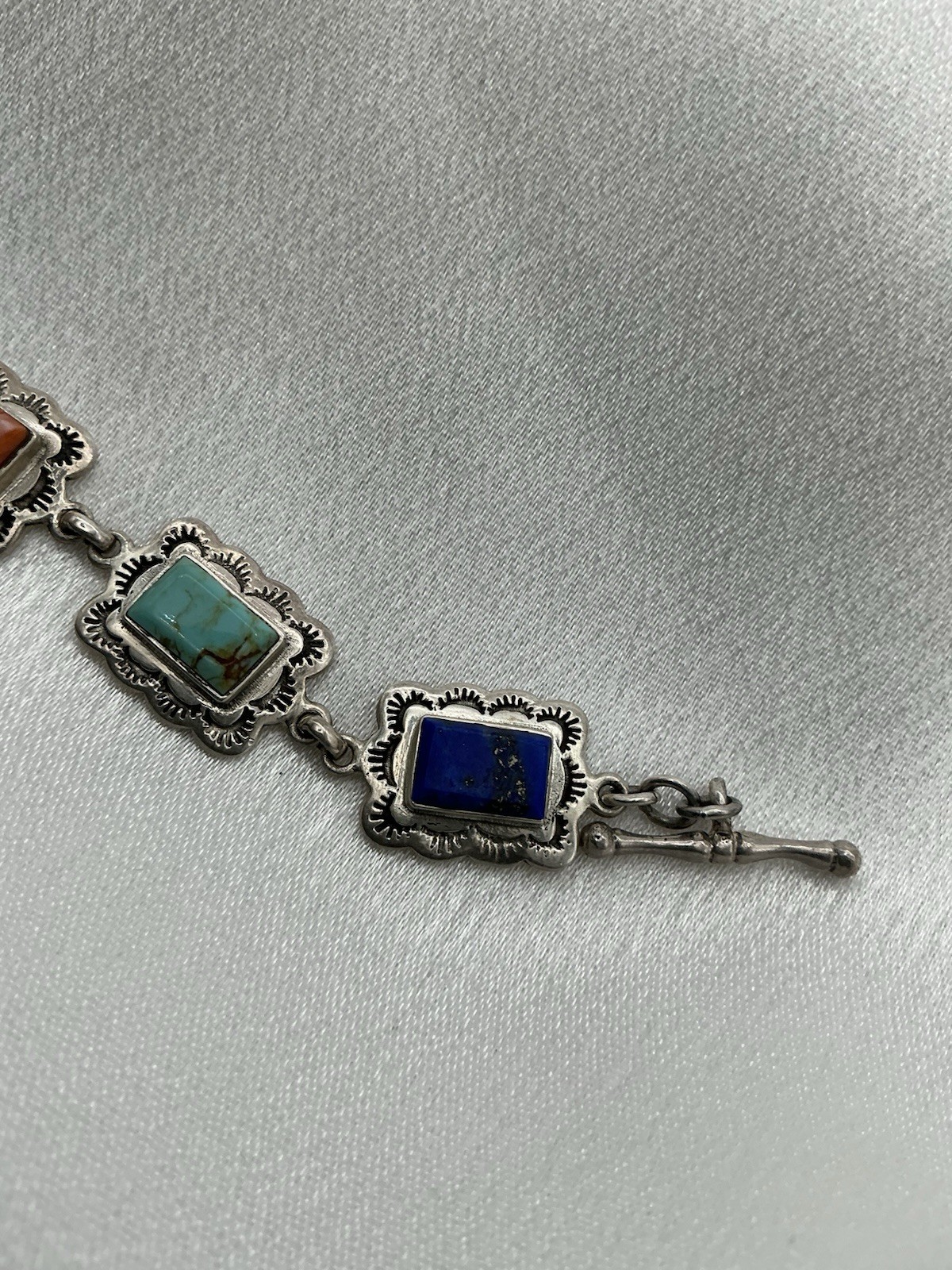Thailand 925 Sterling Silver Link Bracelet w/ Multicolor Rectangle Stones Toggle