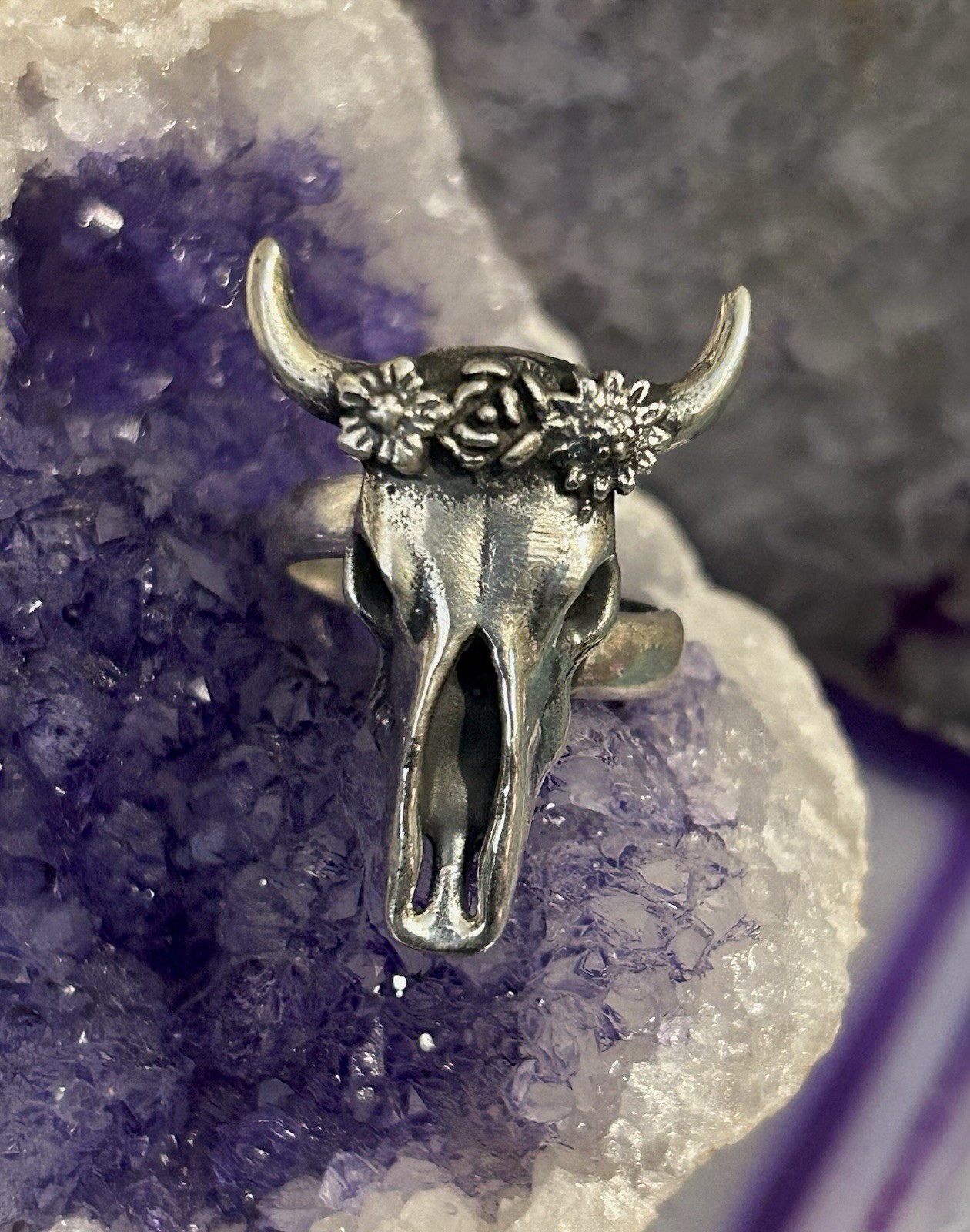 Sterling Silver Modern Taxco Bull Cow Skull w/ Flower Crown Ring Adjustable