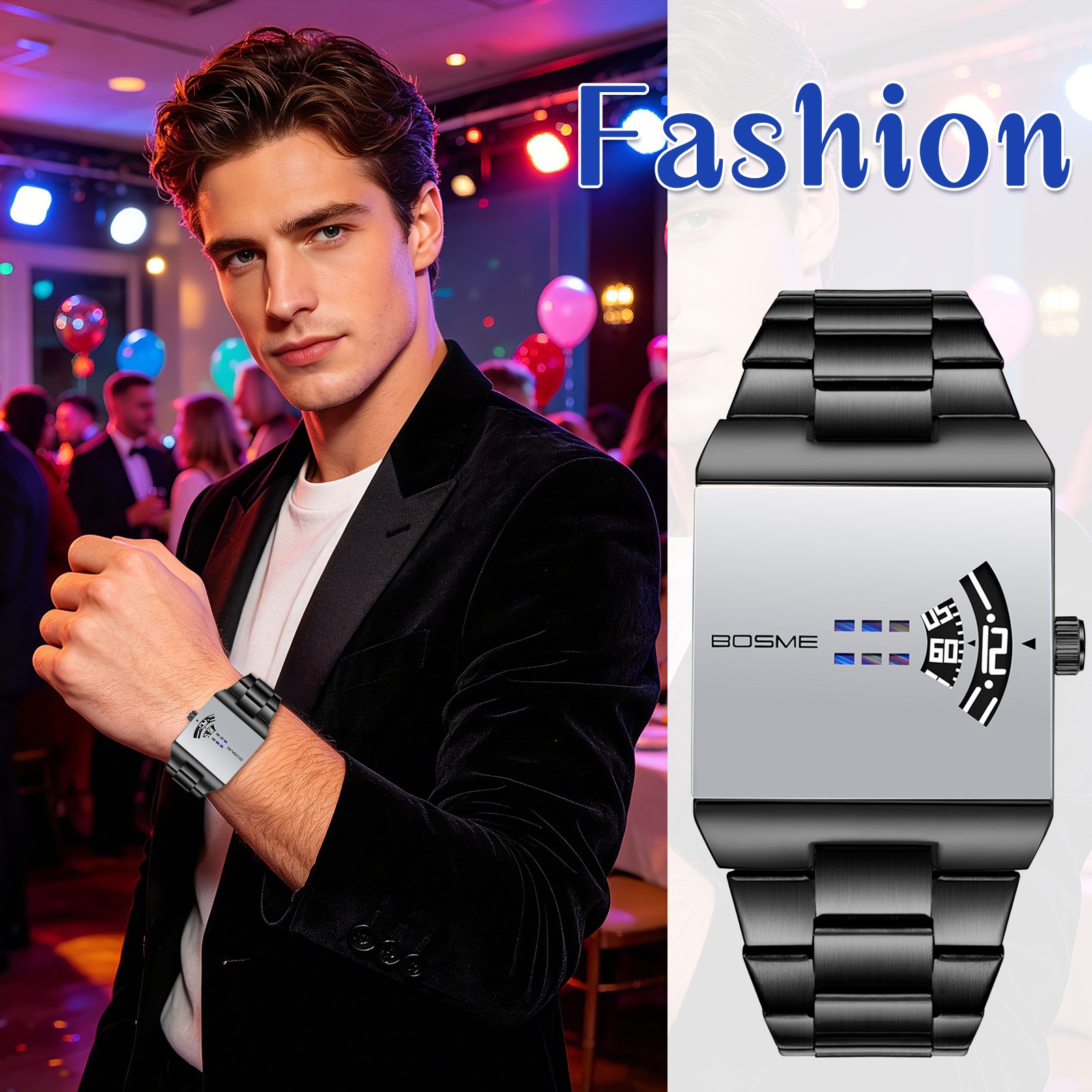 Men’s Steampunk Stainless Steel Square Wrist Watch No-Hand Jumping Hour Display