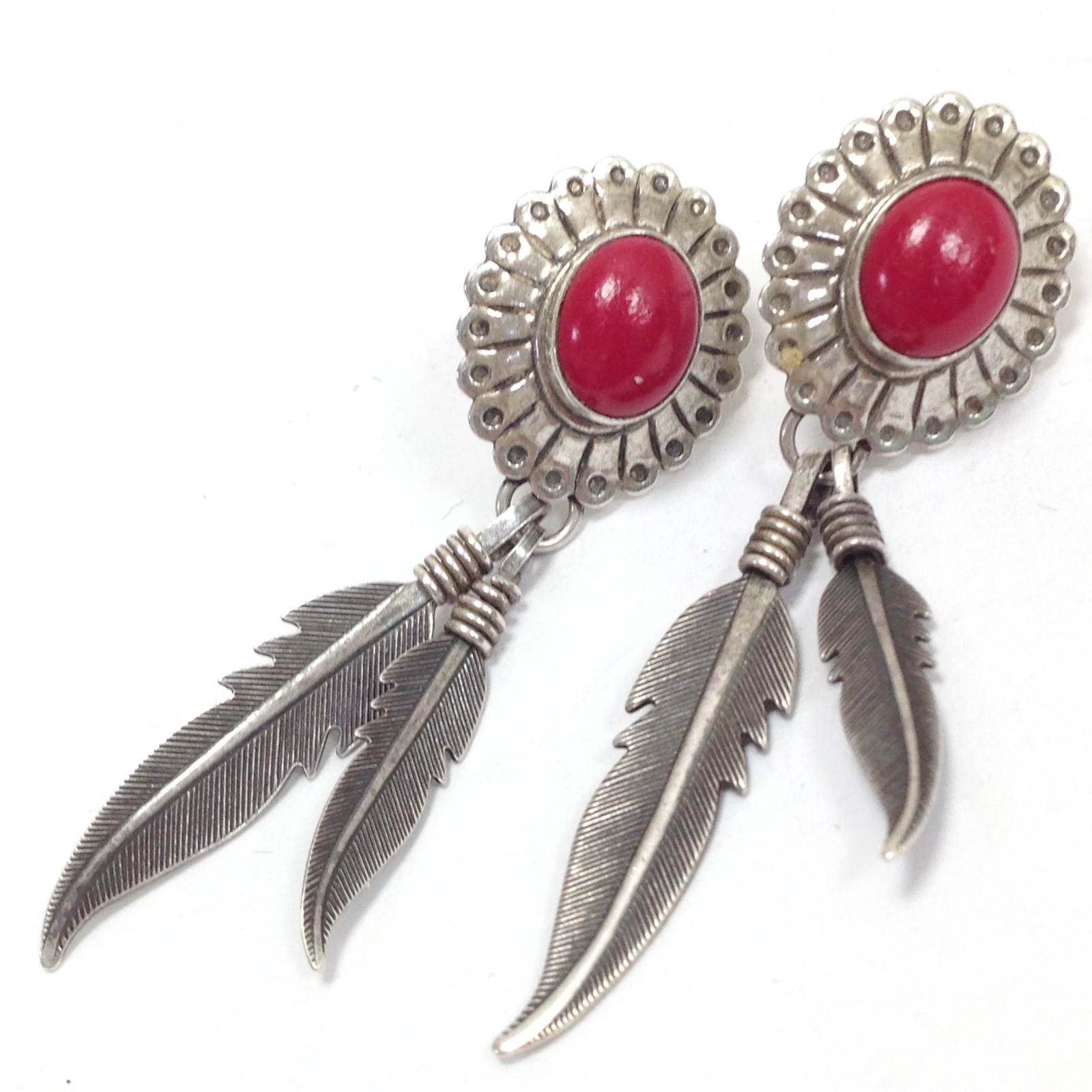 Unsigned 925 Sterling Silver Oval Red Coral Double Feather Dangle Drop Earrings