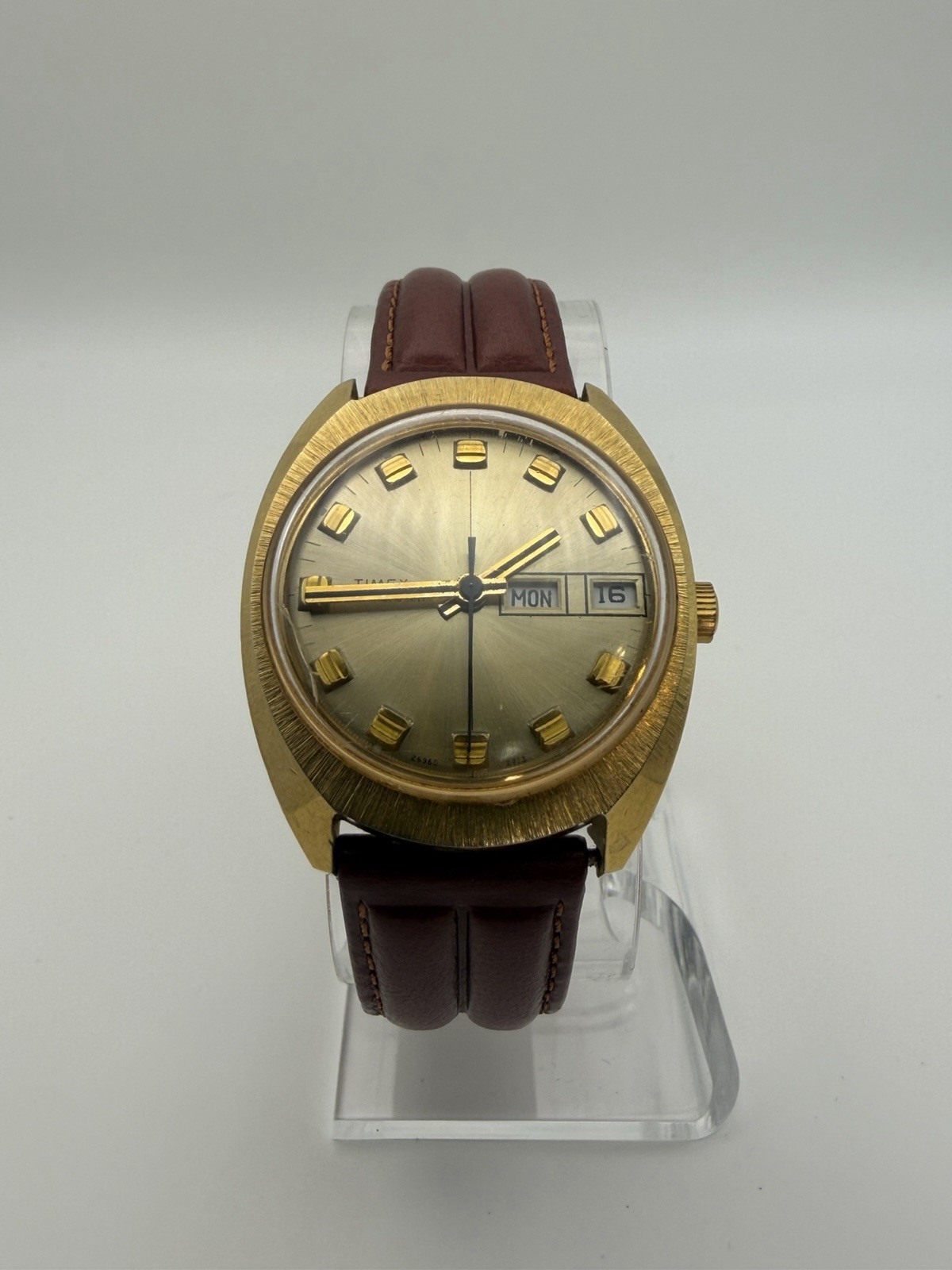 Vintage Timex Automatic Day Date Gold Dial Men’s Watch Brown Strap