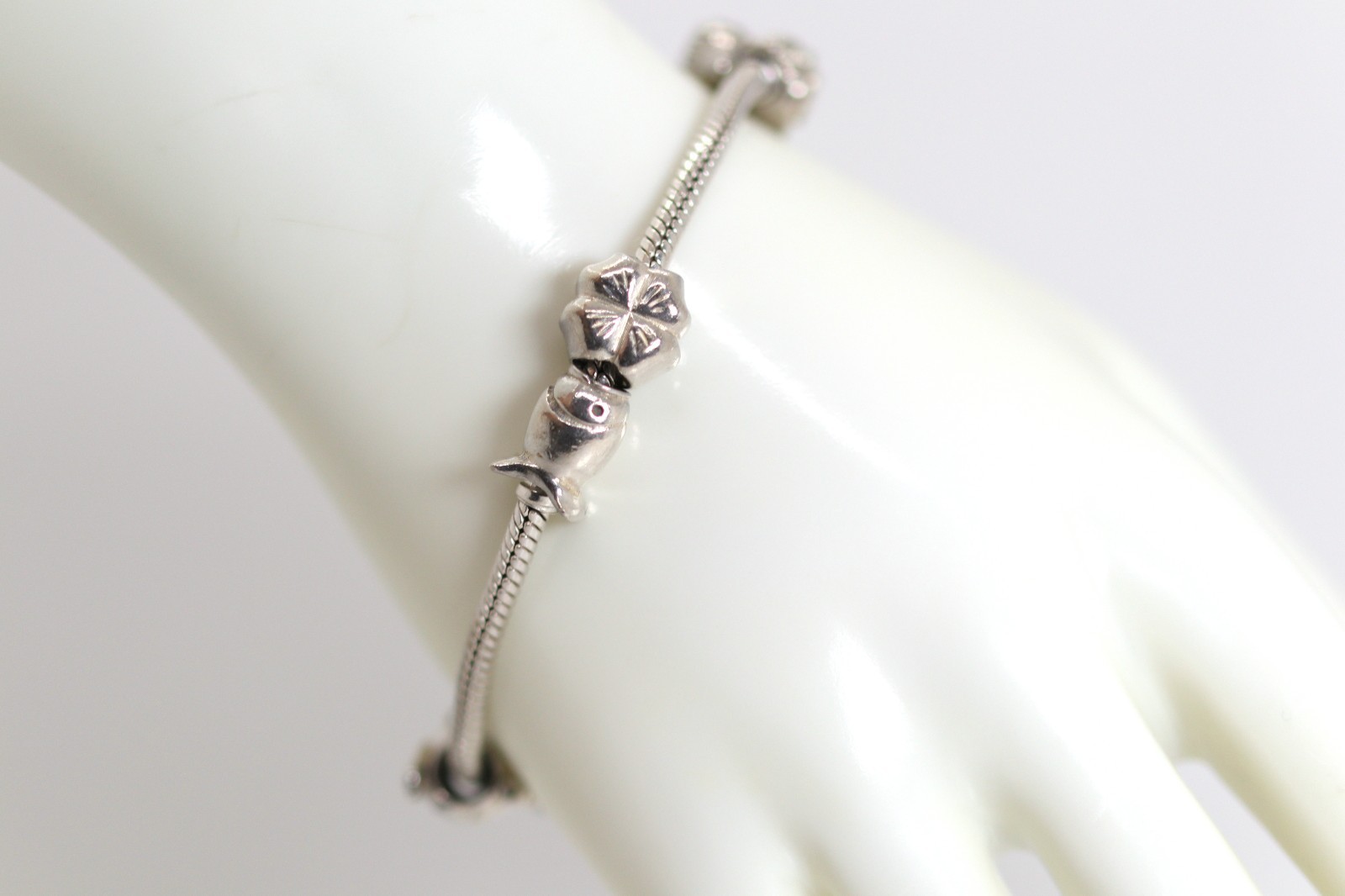 Pandora Sterling Silver Bracelet 925 + 6 Charms Shamrock Chick Fish Heart Frog