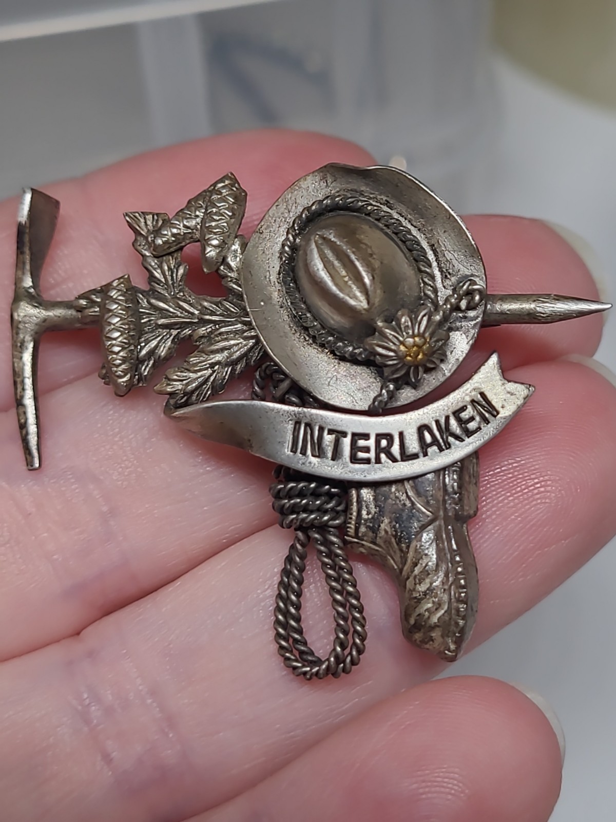This is a vintage Interlaken, Switzerland souvenir brooch from the 1960s.