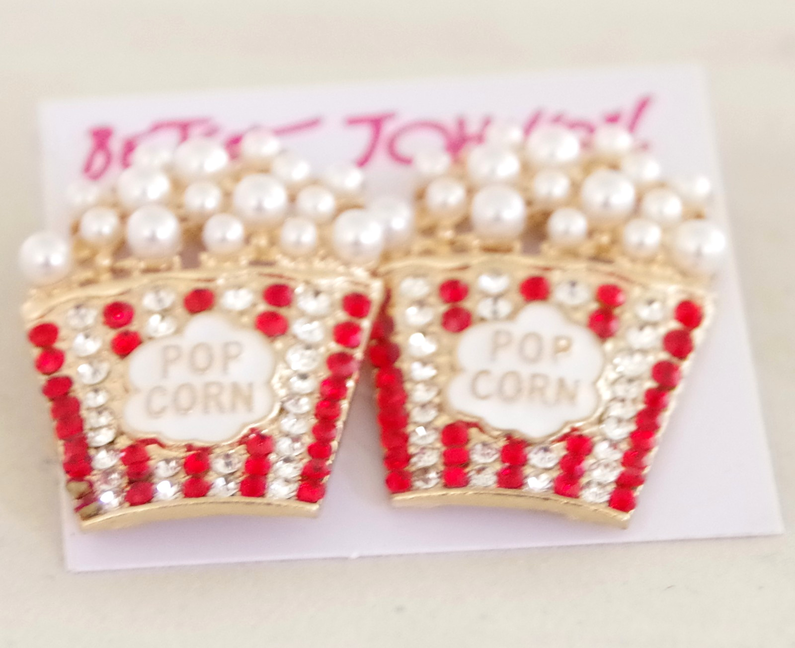 Cute! 1.5″ BETSEY JOHNSON TUB OF MOVIE POPCORN RHINESTONE & FAUX PEARL EARRINGS