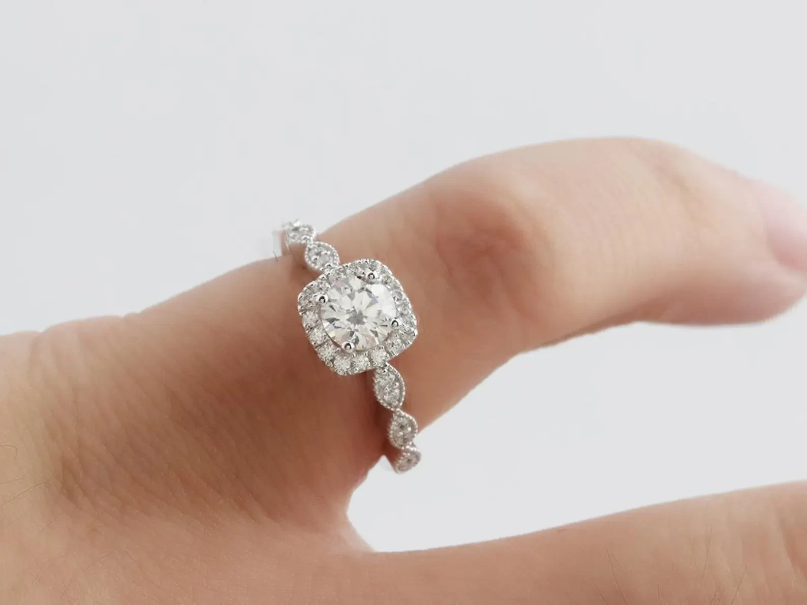 Round Moissanite Engagement Ring In Sterling Silver, Halo Anniversary Ring