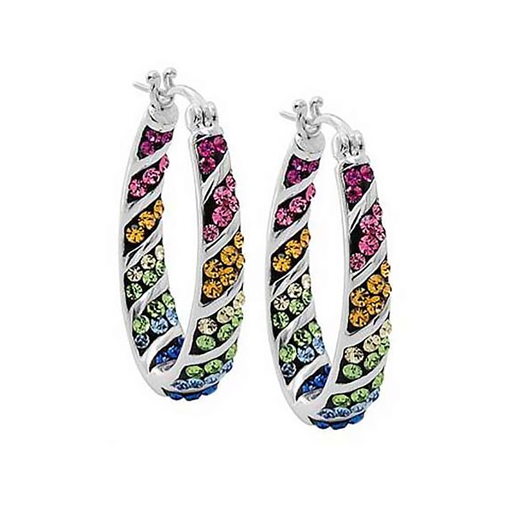 18Kt White Gold Plated Rainbow Austrian Crystal Inside Outside Hoops Earrings