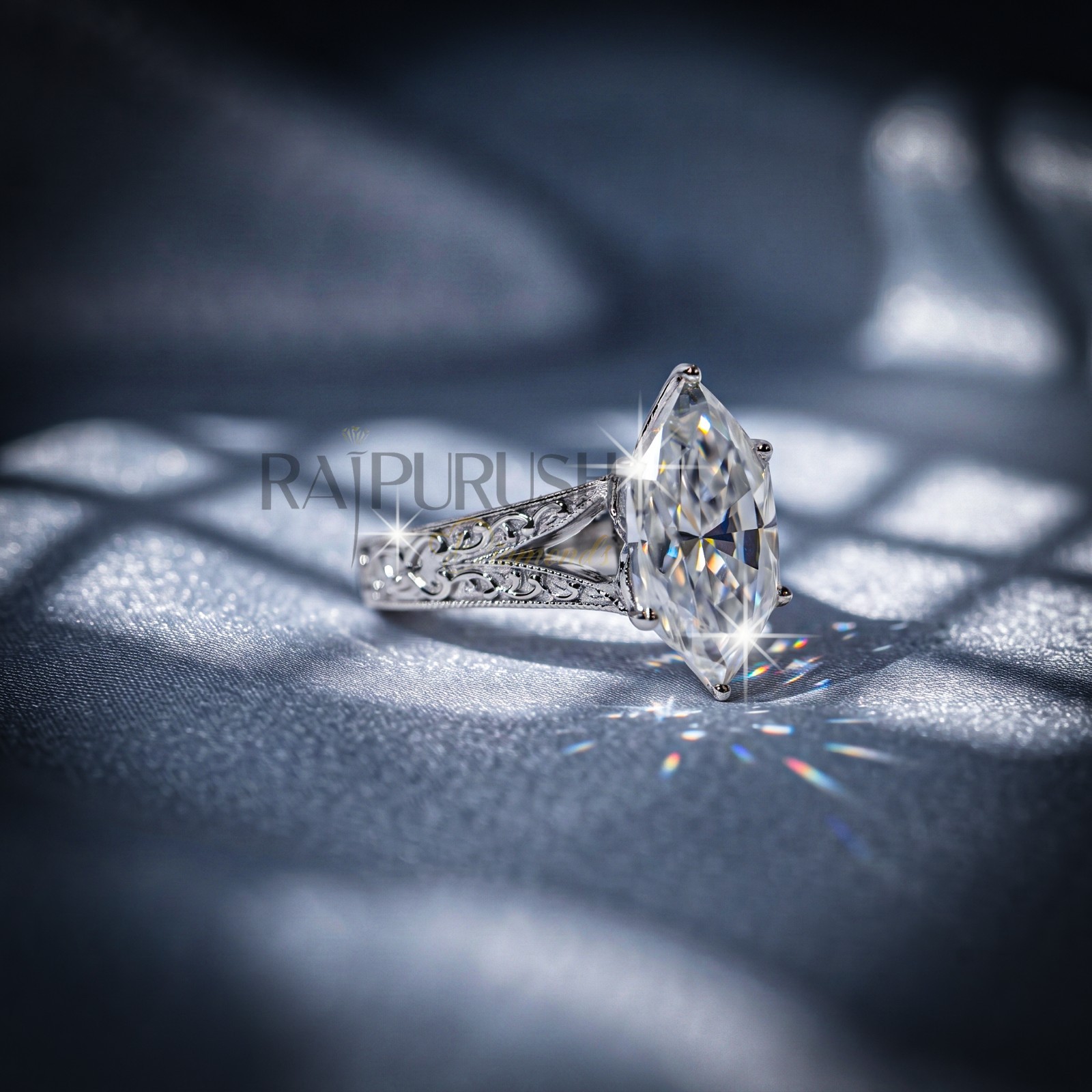 Marquise Cut Moissanite Art Deco Engagement Ring 925 Sterling Silver Bridal Band