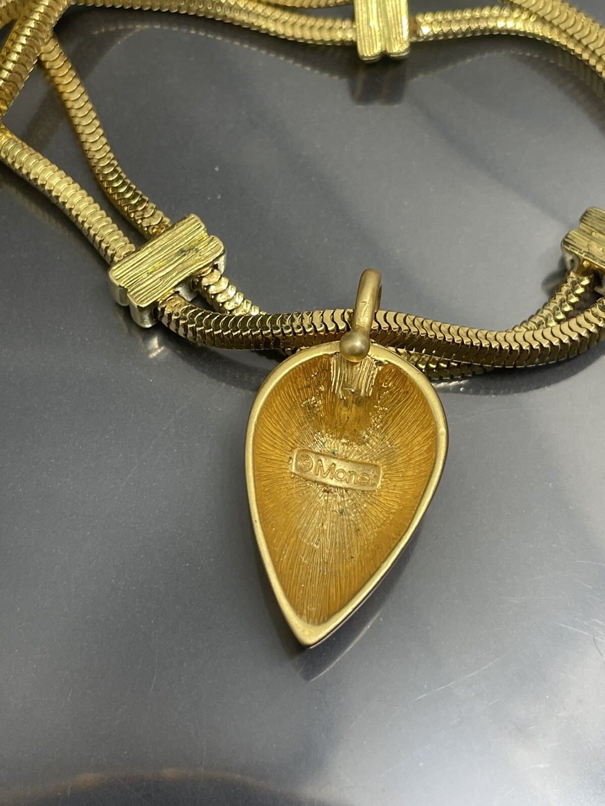 Vintage Monet Satin Brushed GoldTone Teardrop Pendant Necklace Signed RARE