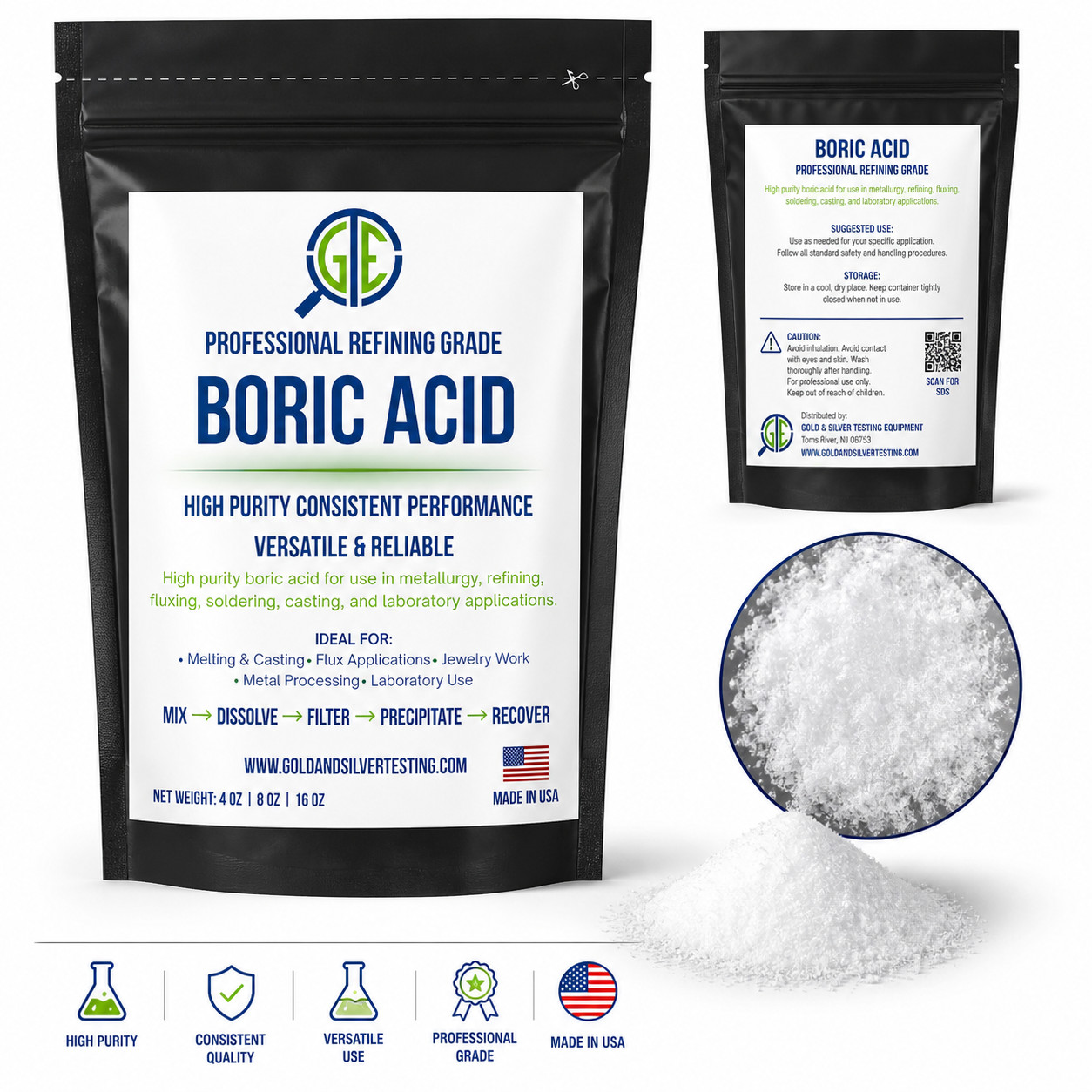 Boric Acid 1 lb 99% Pure Powder Flux Gold Silver E-Waste Metal Refining Melting