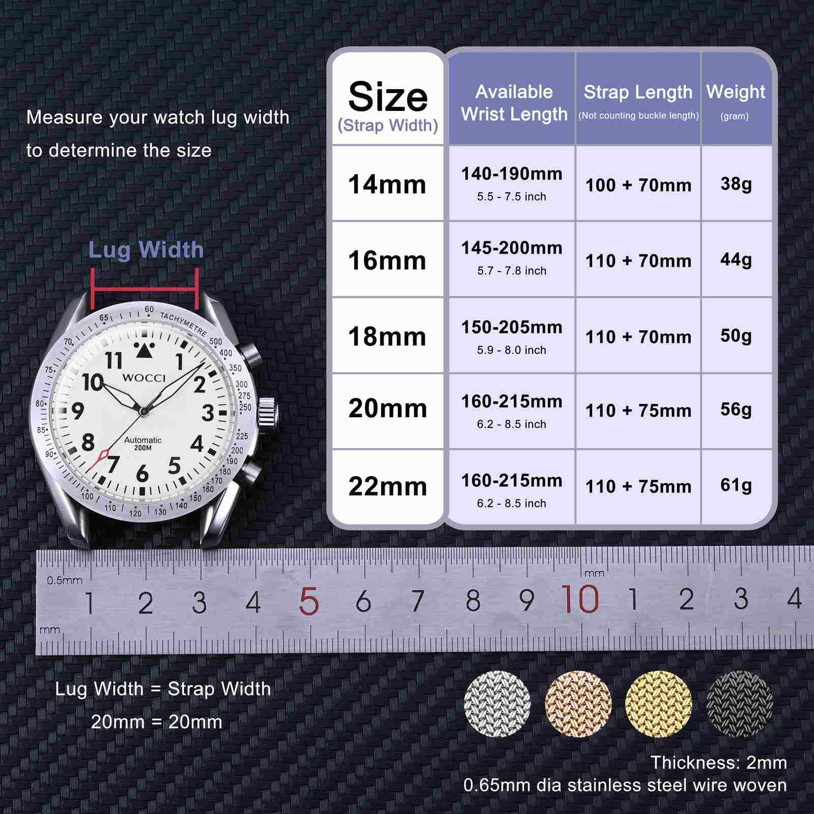 WOCCI Metal Woven Mesh Watch Strap 14mm 16mm 18mm 20mm 22mm,316L Stainless Steel