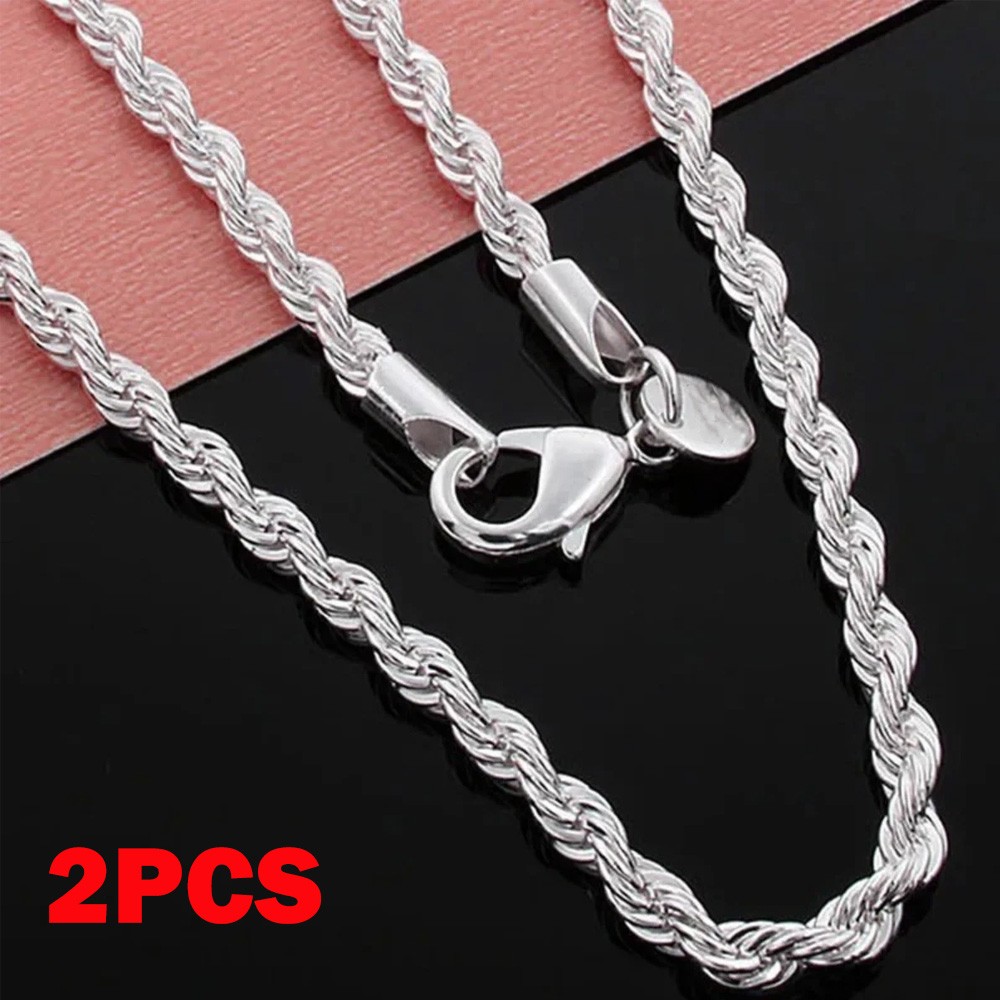 2Pc 18/20/22/24inch 4mm Copper-clad iron Italian Style Rope Chain Men’s Necklace