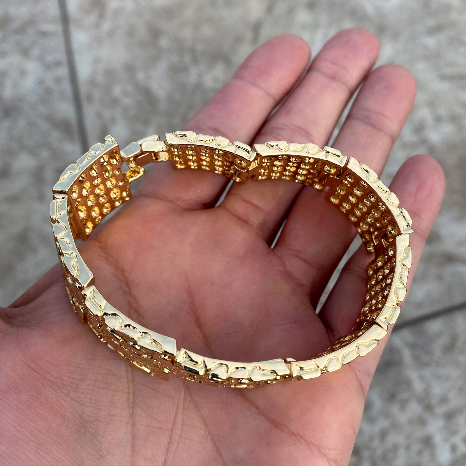 Men’s 14K Gold Plated “Gold Nugget” Heavy Hip Hop Bracelet Big 24MM Thick 8″ in