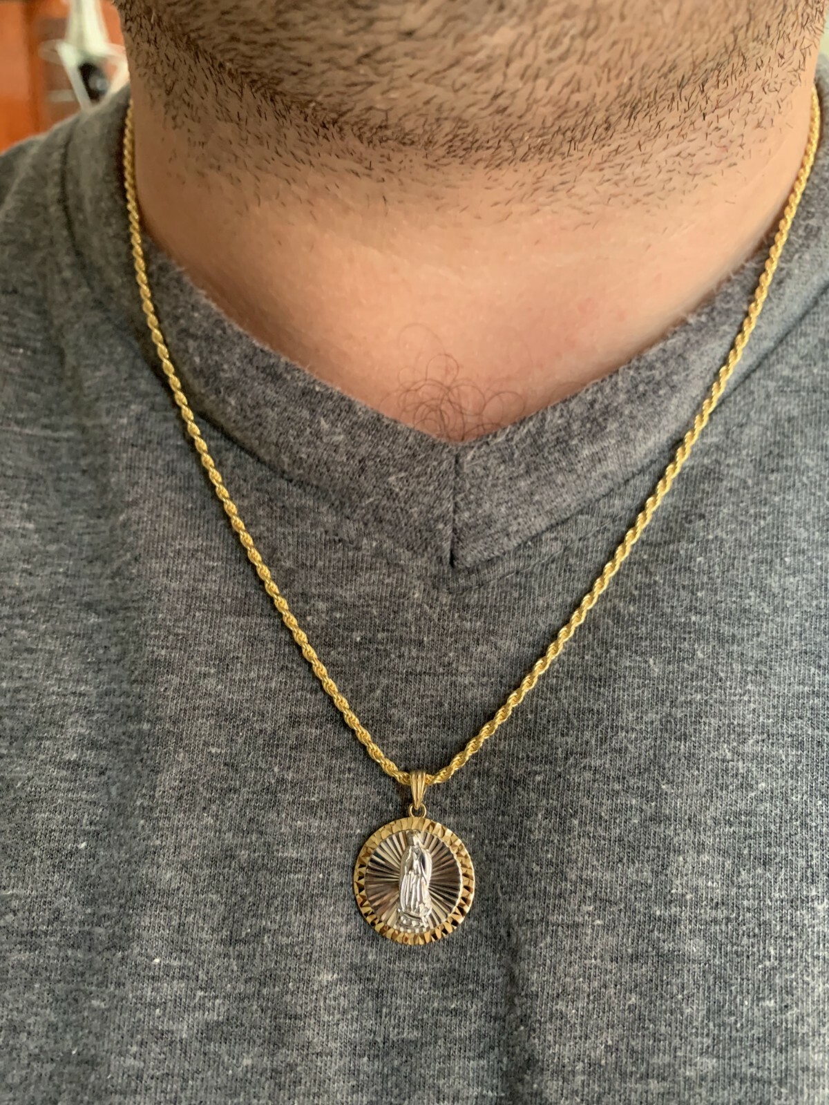 14k Yellow Gold Plated 925 Silver Virgin Mary Guadalupe Medallion Pendant Round