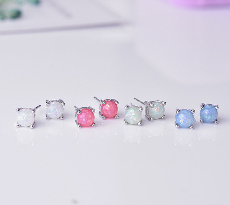 Women Classic 925 Sterling Silver Round Fire Opal Stud Earrings Gift Box PE19