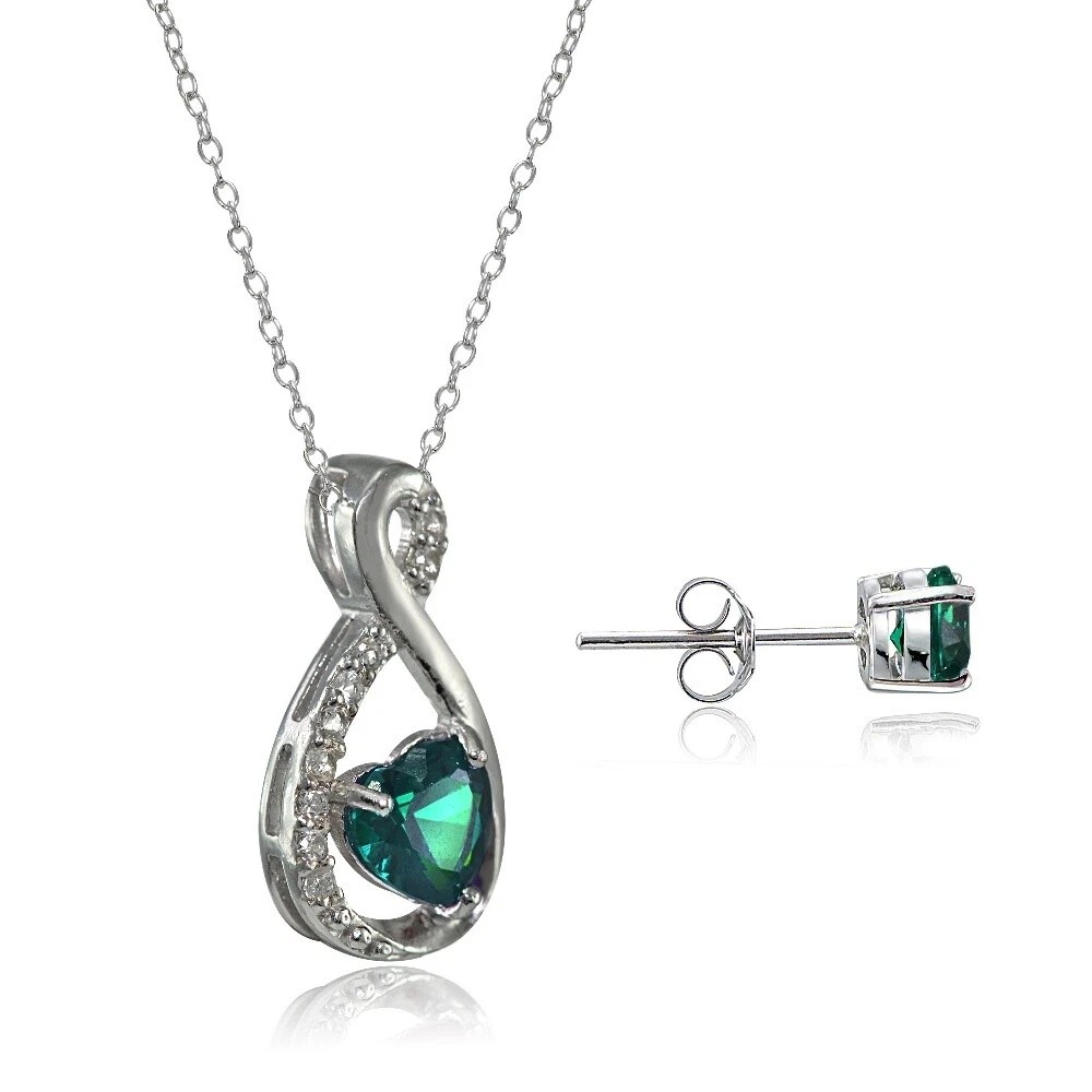 .925 Silver Created Emerald & White Topaz Infinity Heart Necklace Earrings Set