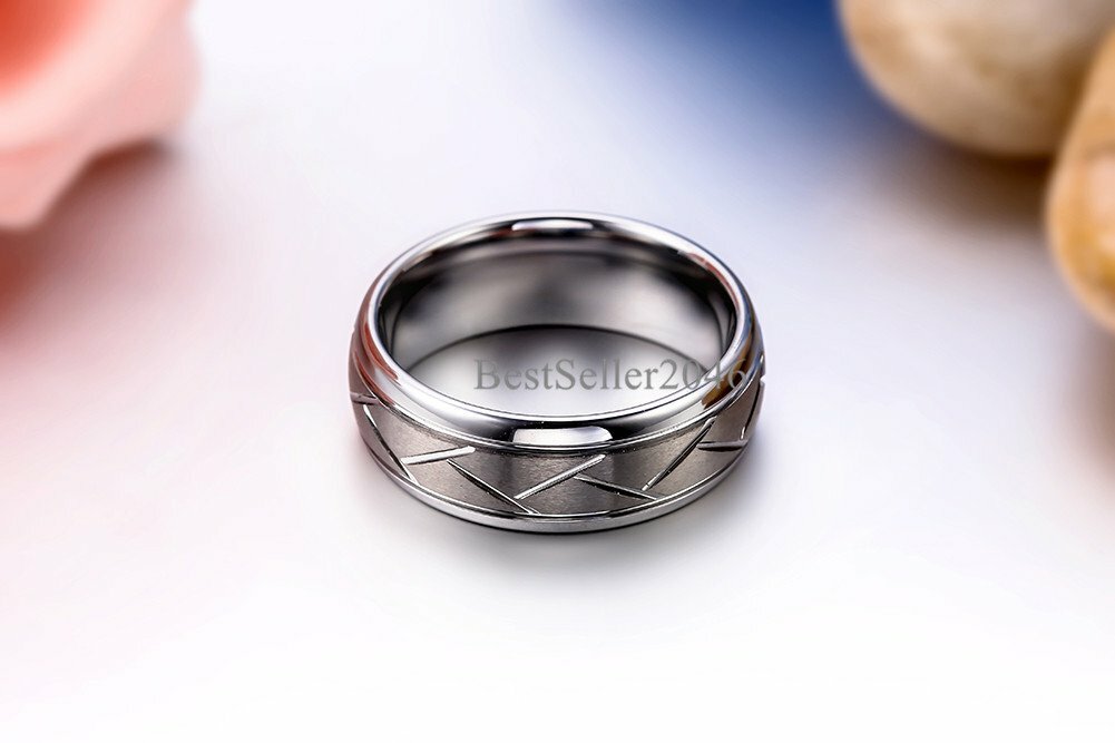 8mm Dome Grooved Comfort Fit Men Tungsten Carbide Brushed Wedding Ring Size 7-12