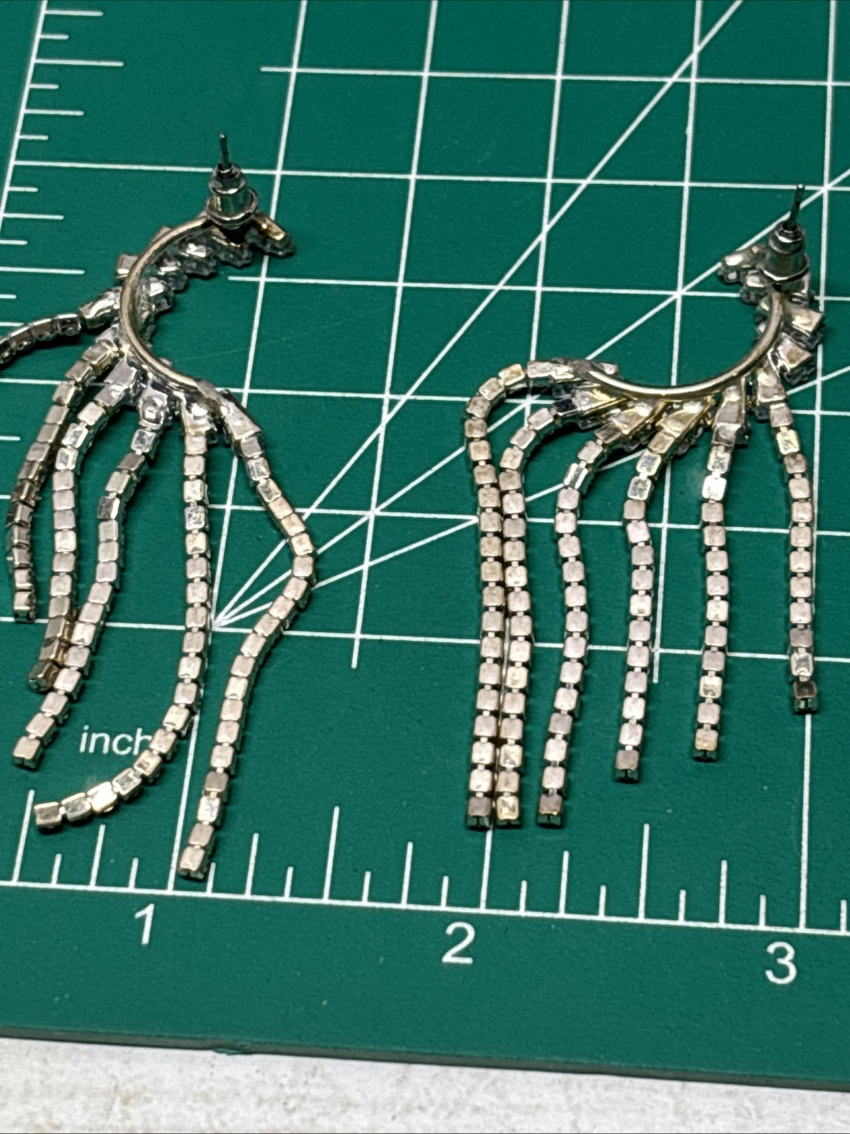 Unsigned Silver Tone Tassel Dangling Crystal Prong Set Earrings About 2.50” Long