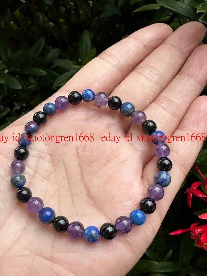 Fashion Elegant 6mm Bracelet Amethyst Tourmaline&Lapis Lazuli Bracelet 7-9in”