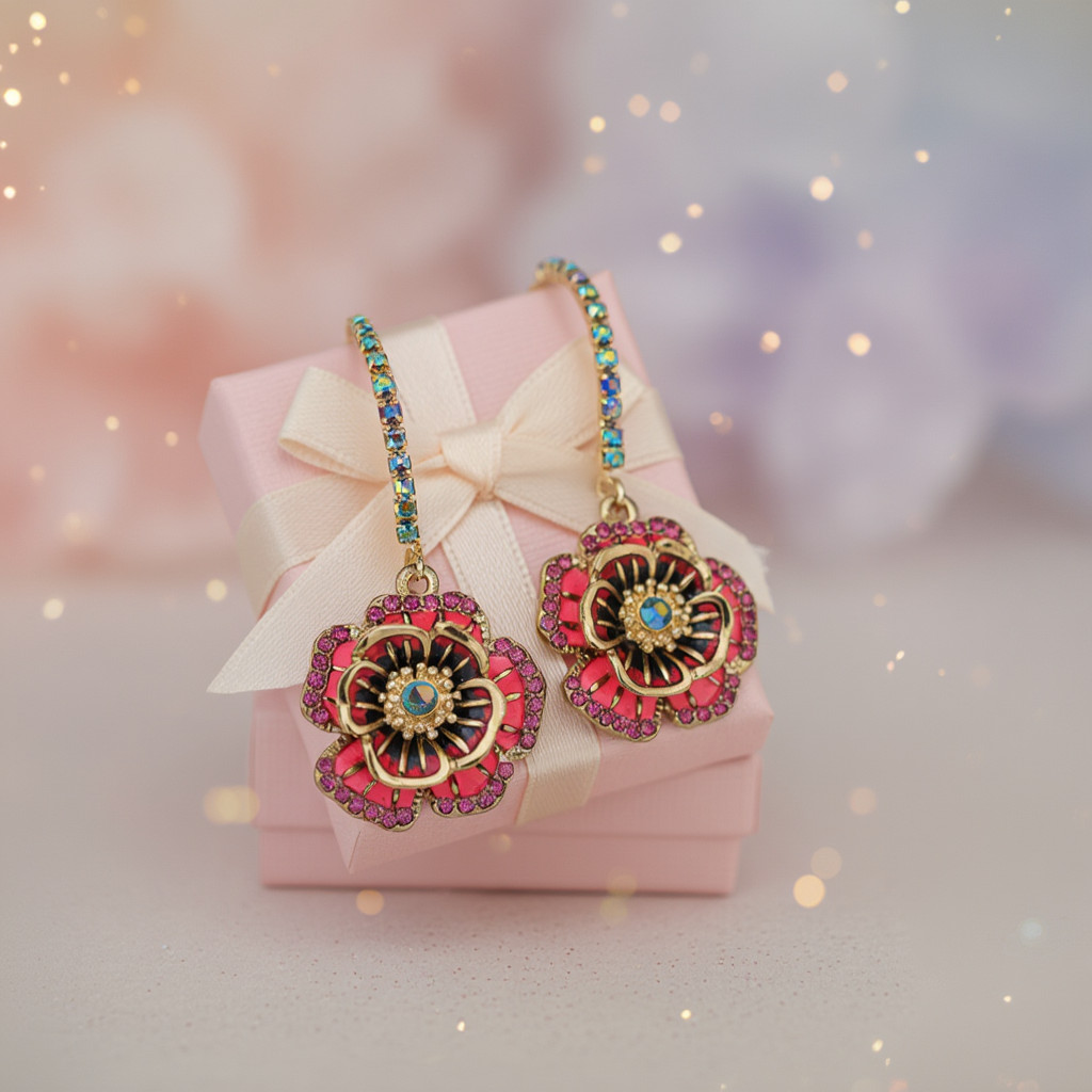 Floral Drop Earrings Women Gold Tone Crystal Rose Flower Hook Statement Boho