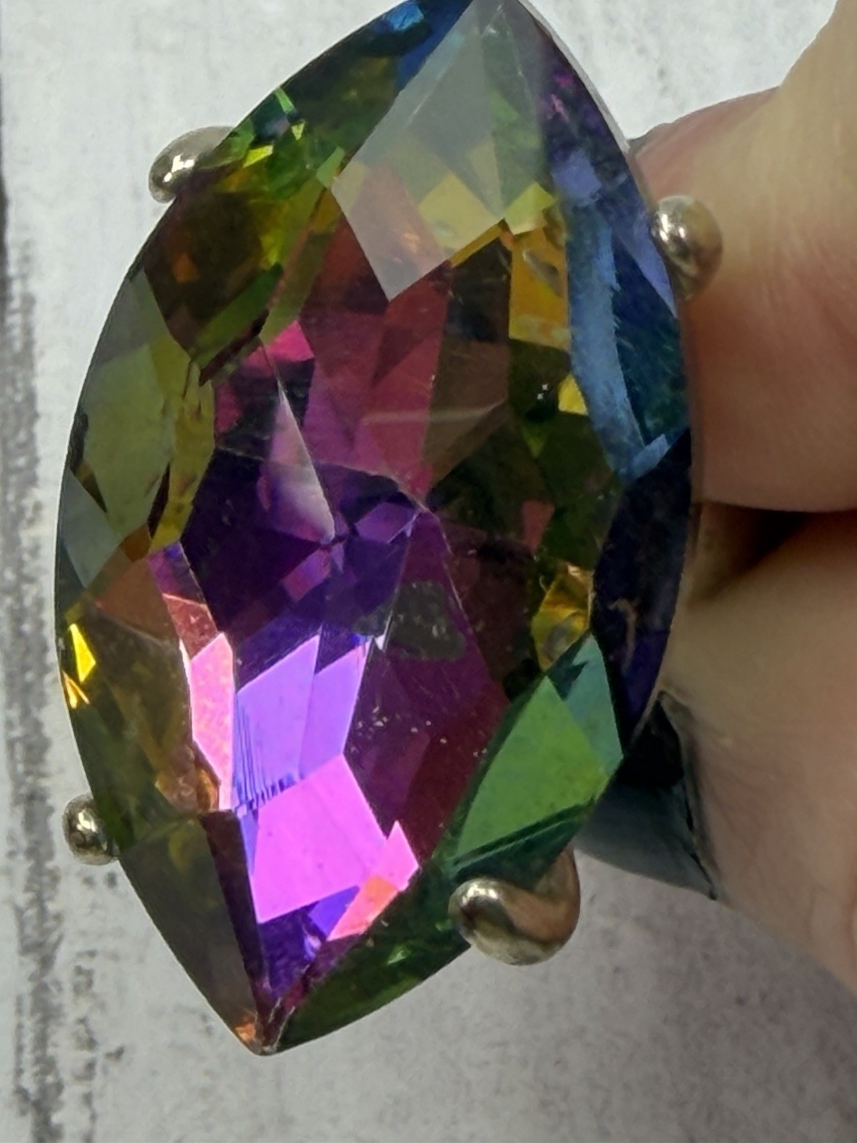 Large Rainbow Foil Backed Crystal Pear Cut Silver Tone Statement Ring Size 5