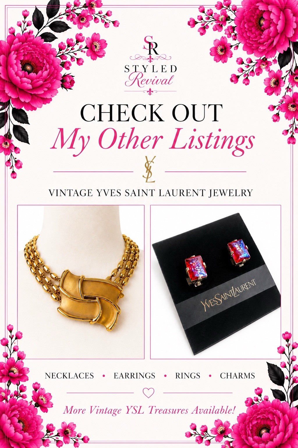 Vtg Yves Saint Laurent YSL Gold Baroque Heart Necklace And Earring Set NWT