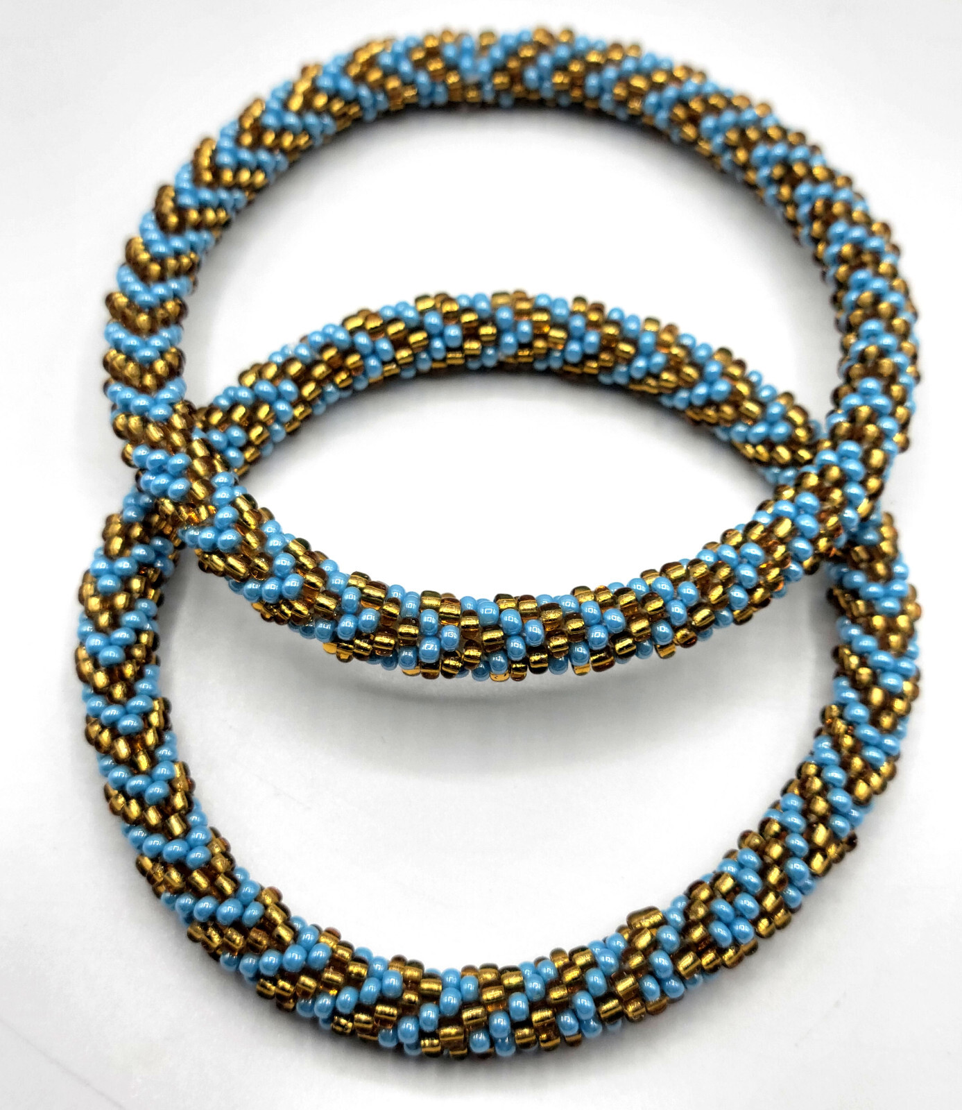 Set of 2 Handmade Beaded Bracelet Nepal Glass Bead Stackable Crochet Bracelets