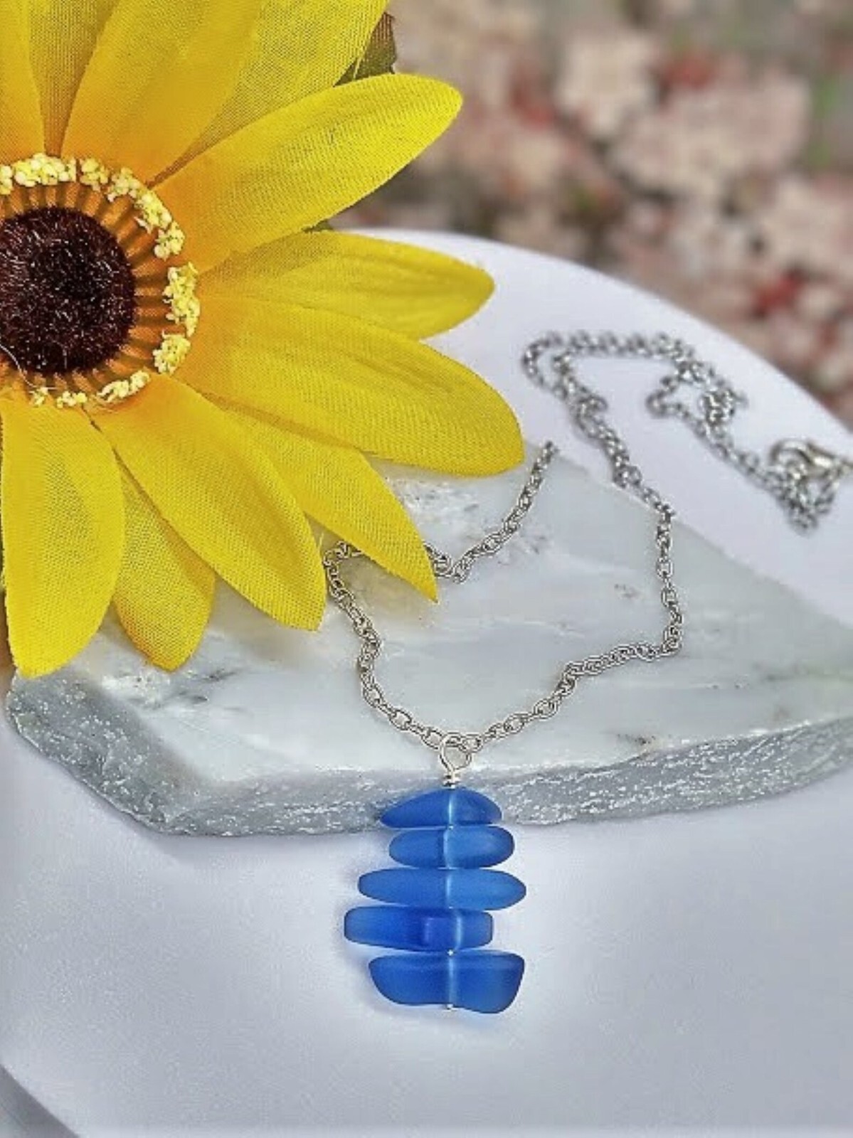 Cobalt Blue Stacked Sea Glass Beach Pendant Necklace, Stainless Steel, Ocean