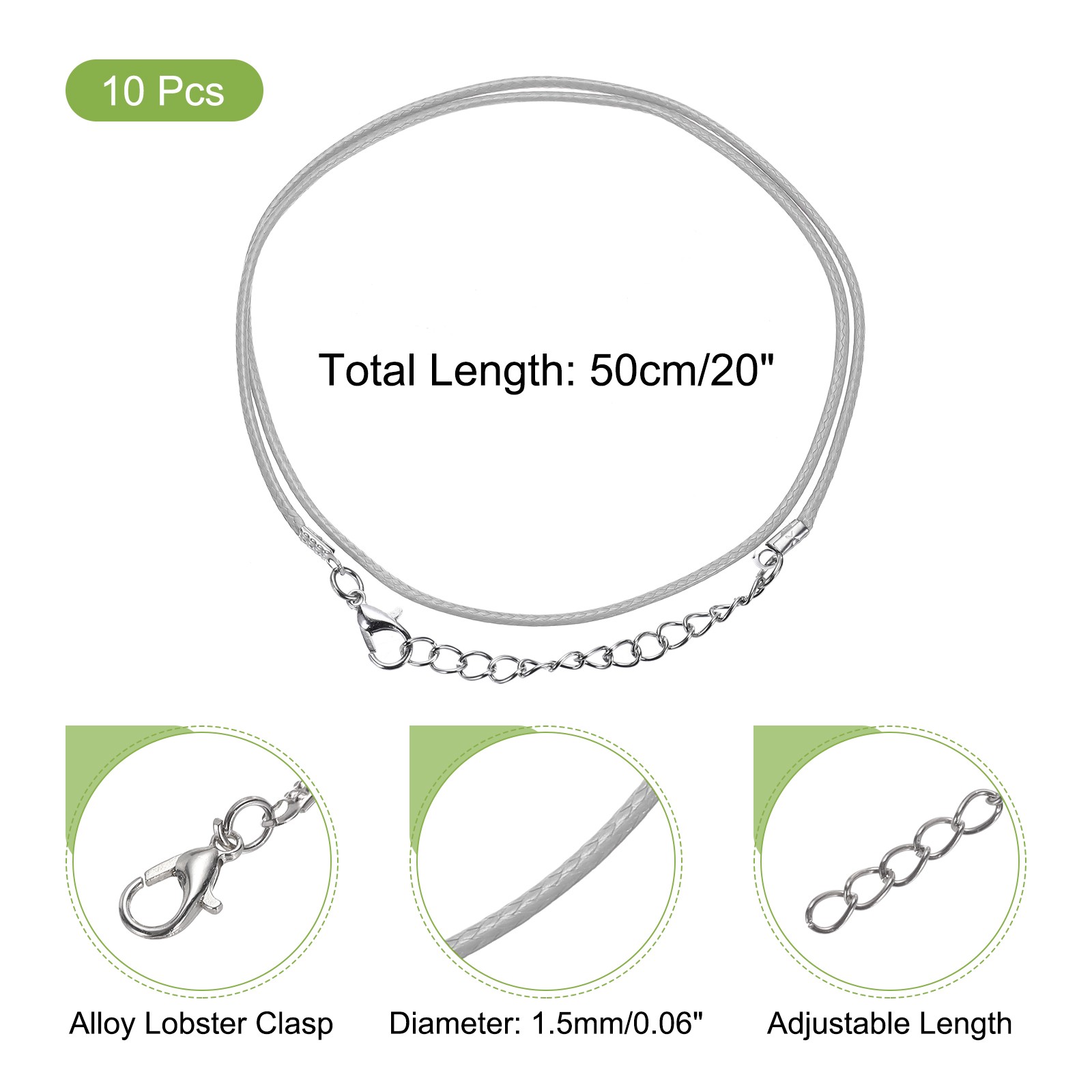 10pcs 18 Inch Waxed Necklace Cord 1.5mm for Jewelry Making, Grey