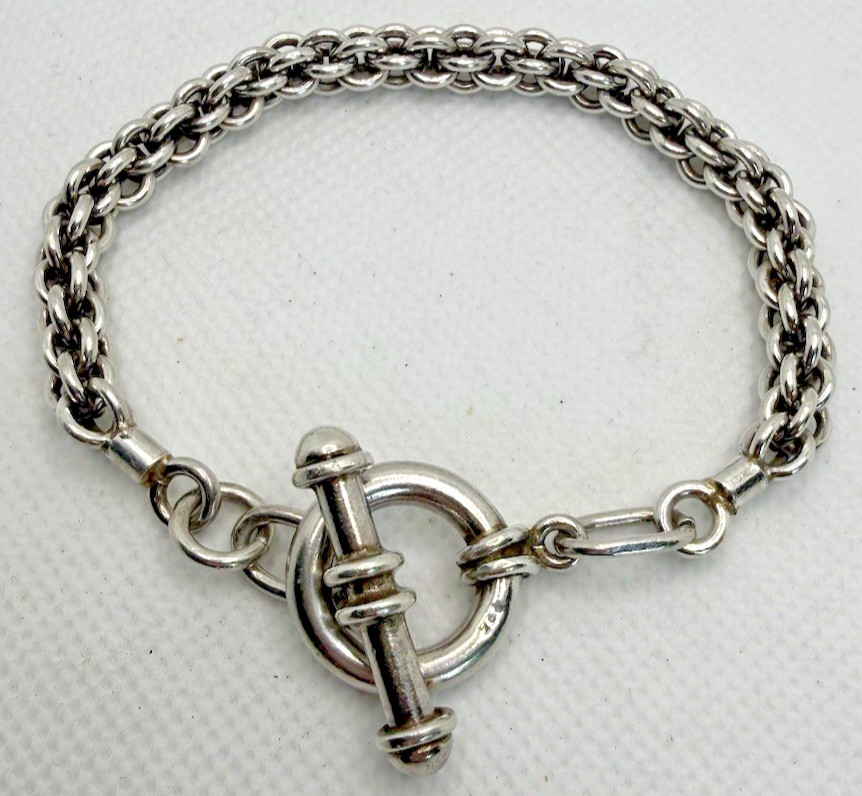 Sterling Silver 925 Charm Rolo Belcher Link Toggle Bracelet 28g 8′ Chunky