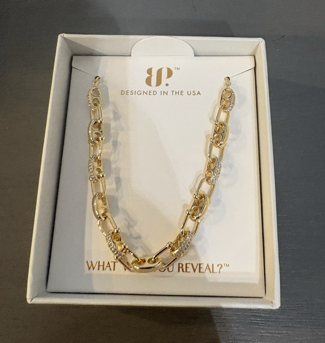 BP Gold Plated Gold Cable Chain White CZ Diamond Necklace 8-10″ Adj BR32483
