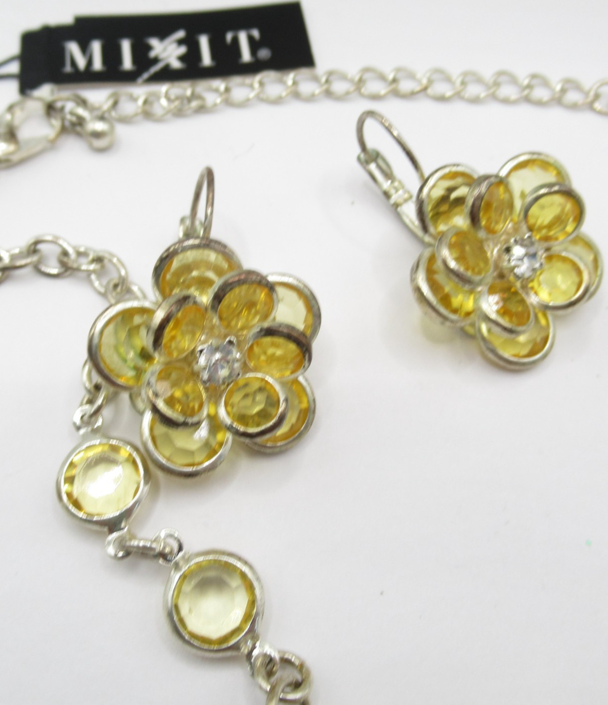 Mix It NOS Modern Necklace Earrings Set Yellow Faux Crystal Plastic Bezel Set