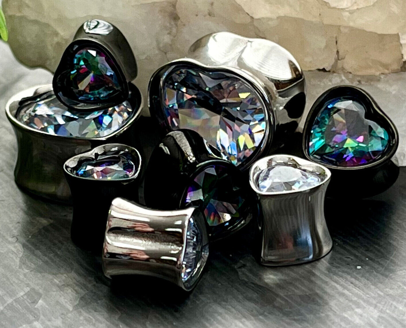 PAIR Heart Shaped CZ Gem Double Flare Plugs Tunnels 316L Surgical Steel Gauges