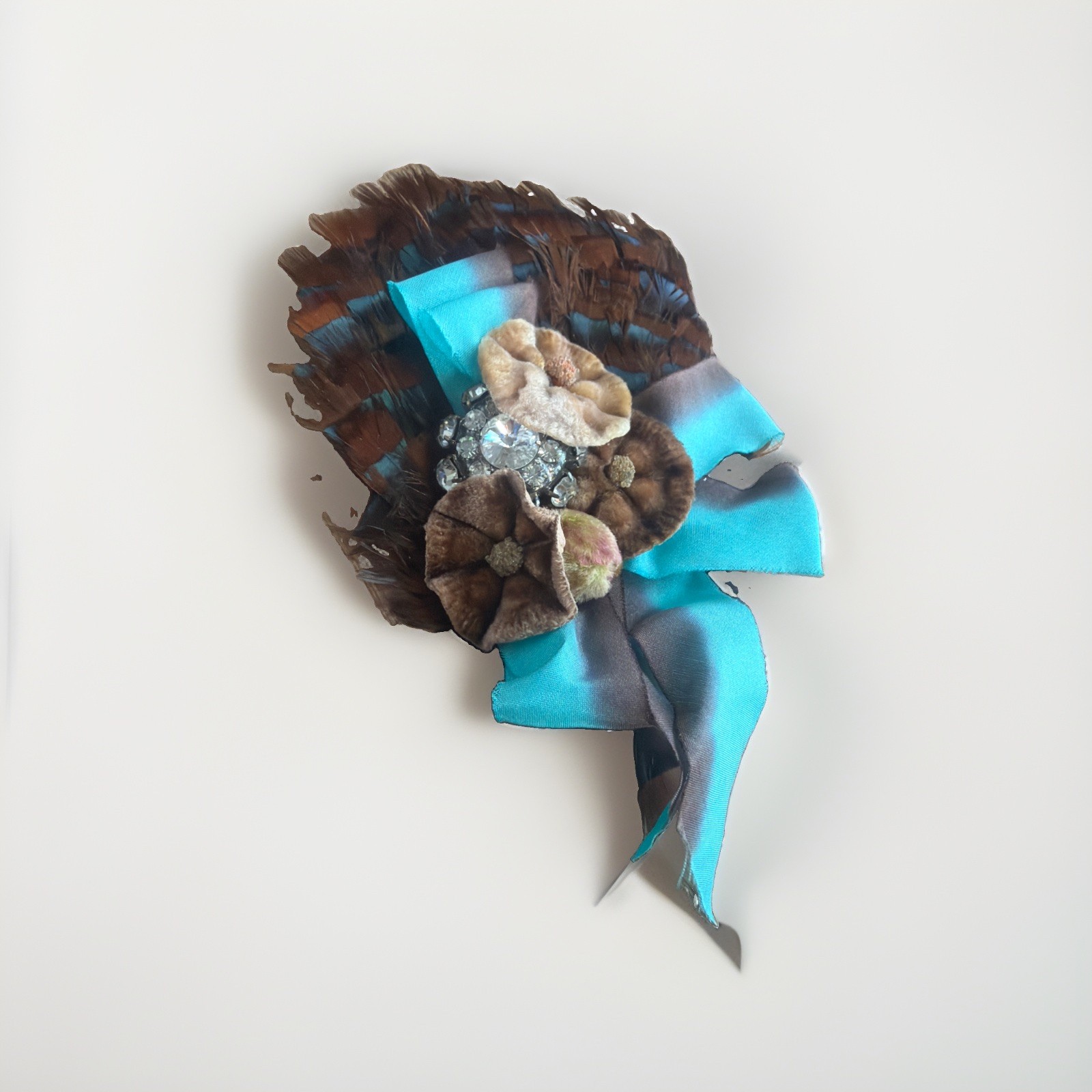 Feather Velvet And Crystal Brooch Pin