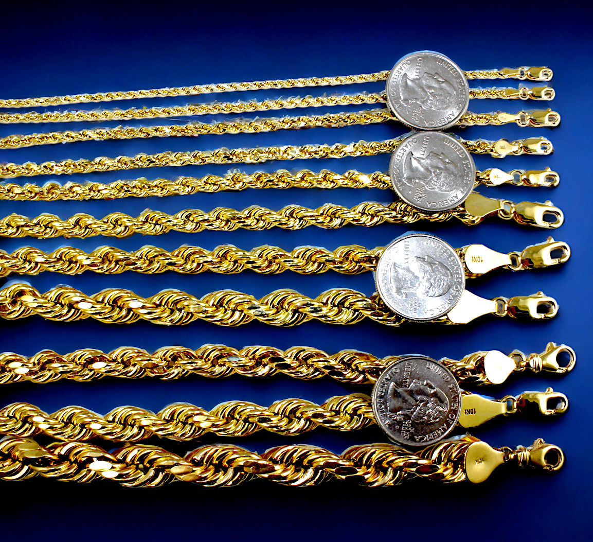 10K Yellow Gold Rope Necklace Bracelet Chain Diamond Cut 2mm-10mm 7″-30″