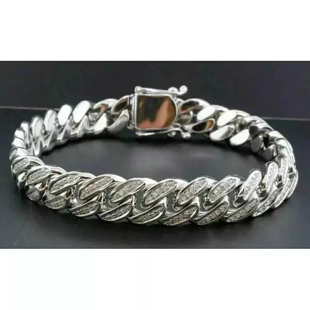 9ct Round Cut Simulated Diamond Men’s Cuban Link Bracelet 14K White Gold Plated