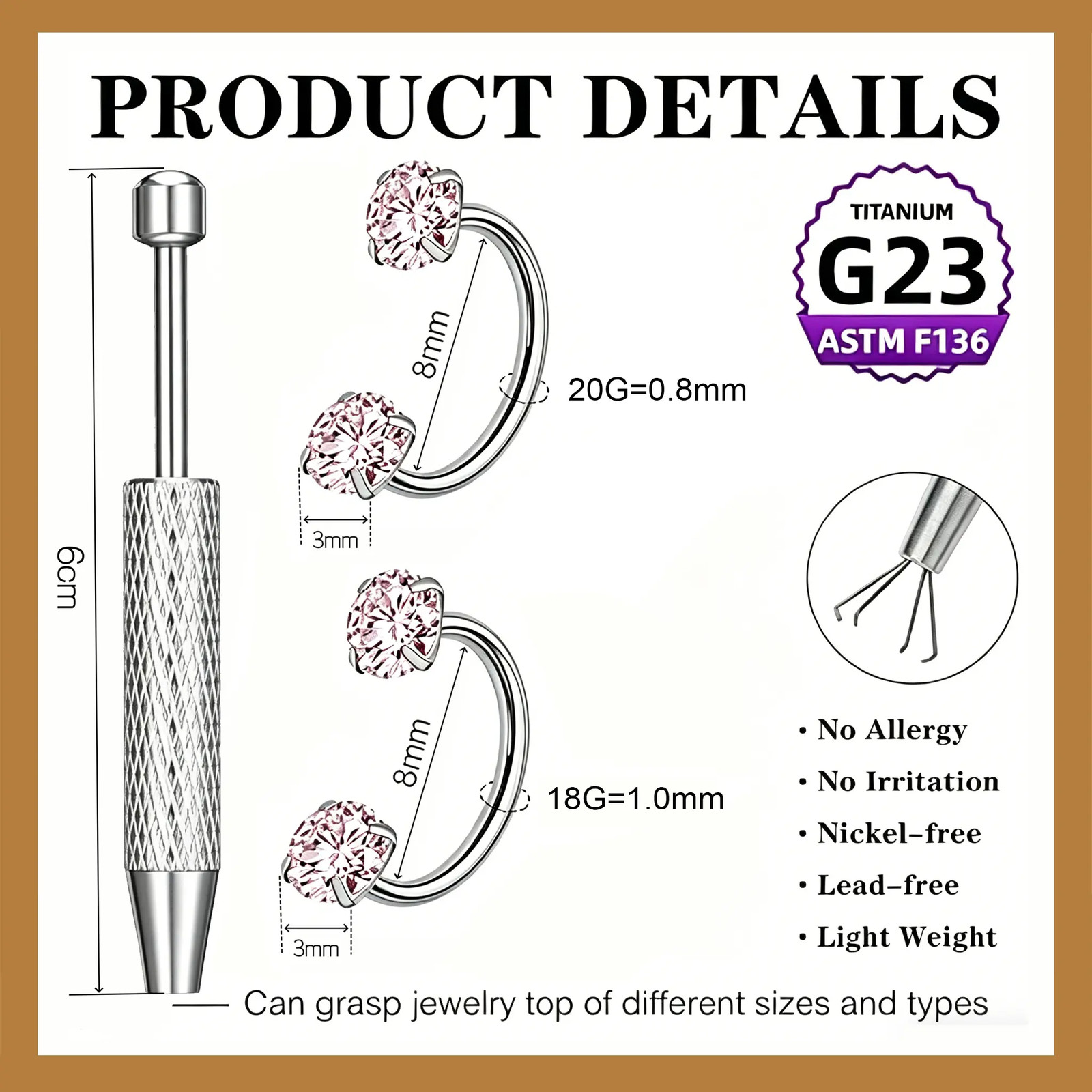 20G(0.8Mm)/18G(1.0Mm) 8Mm Horseshoe Nose Hoop Internally Threaded Gems Nose Ring