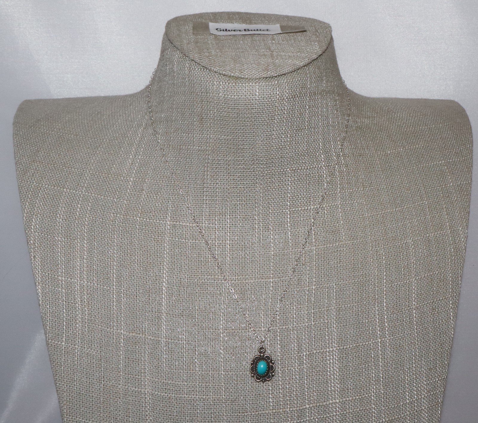 Vintage Sterling Silver OC Petite Turquoise Pendant Necklace 17 inches
