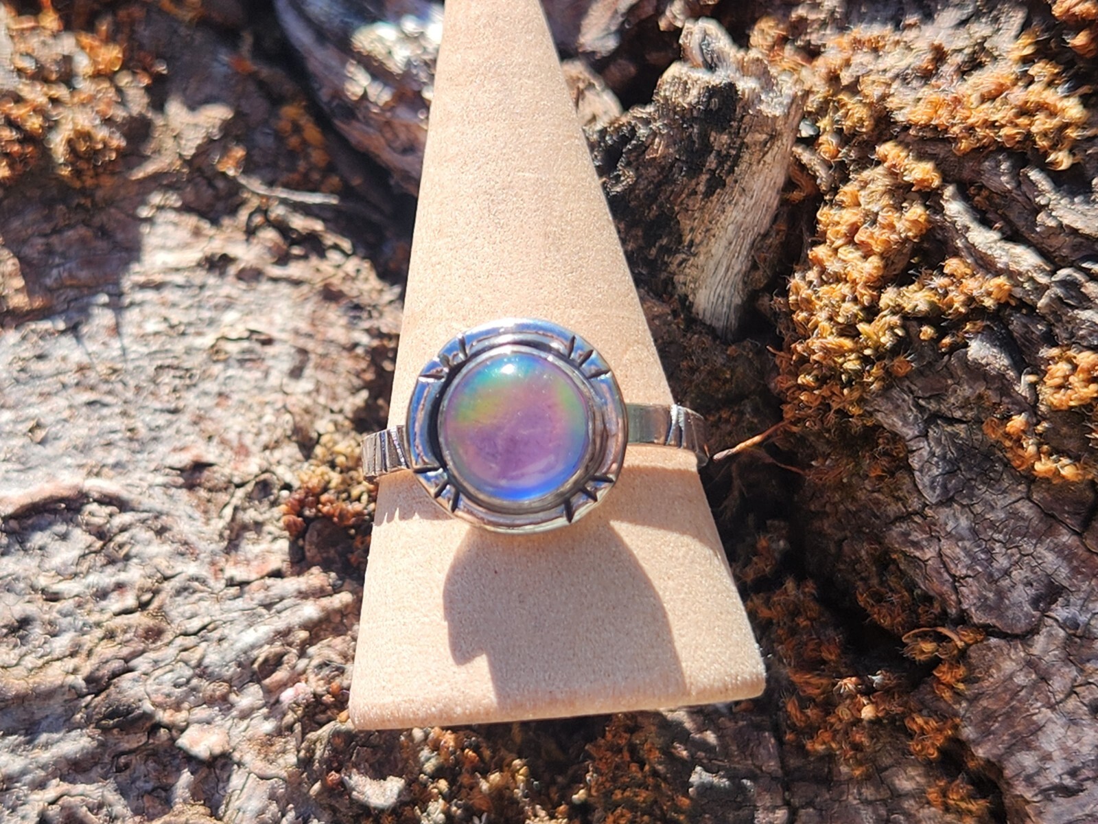 Aurora Opal Handmade Sterling Silver 925 Round Ring, Size 9 Pink Purple