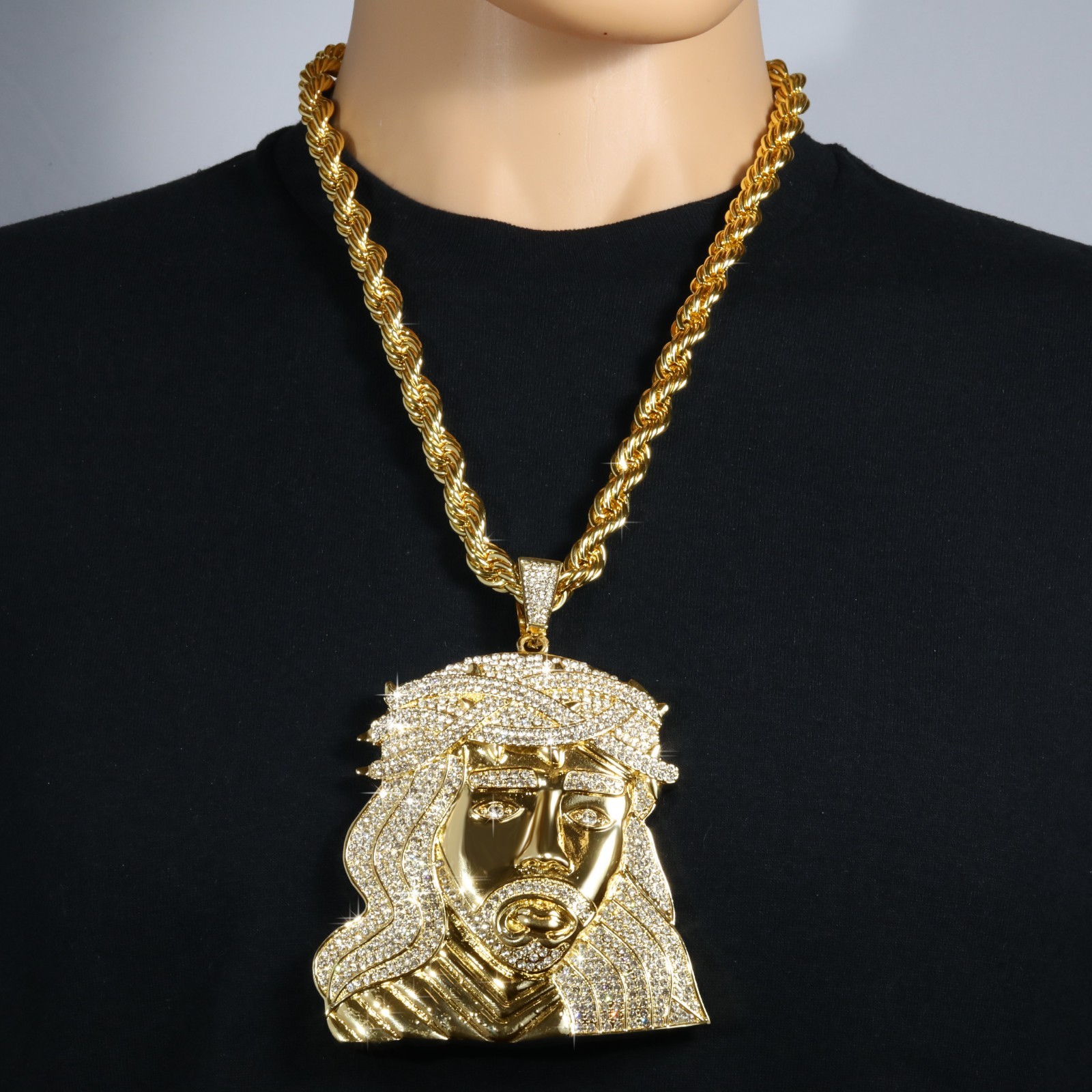 14K Rope Chain 10mm 24″ & 30″In | Curly Jesus Face Head Gold Plated XXL Hip Hop