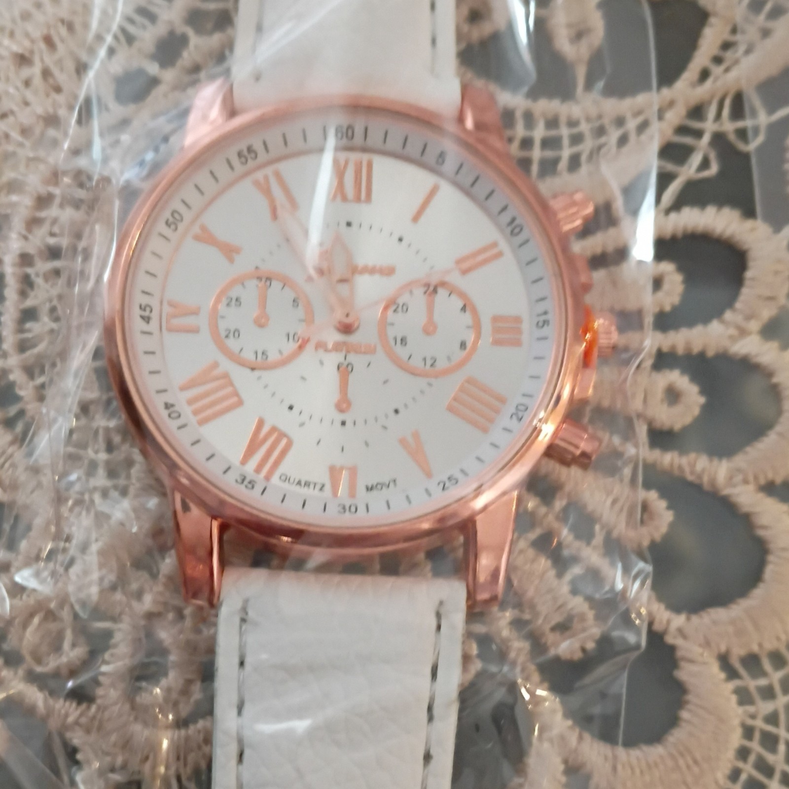 Geneva Rose Gold Tone 40mm Quartz Analog Watch White Strap Roman Numeral Dial