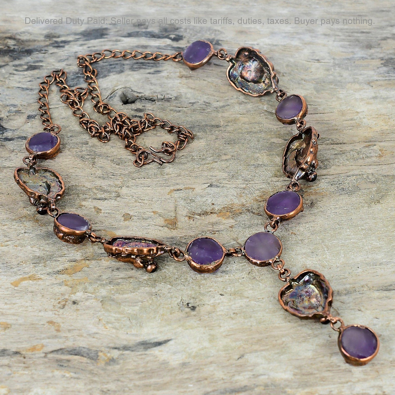 Copper African Amethyst Rough Stone Chain Electroformed And Lion Face Necklace
